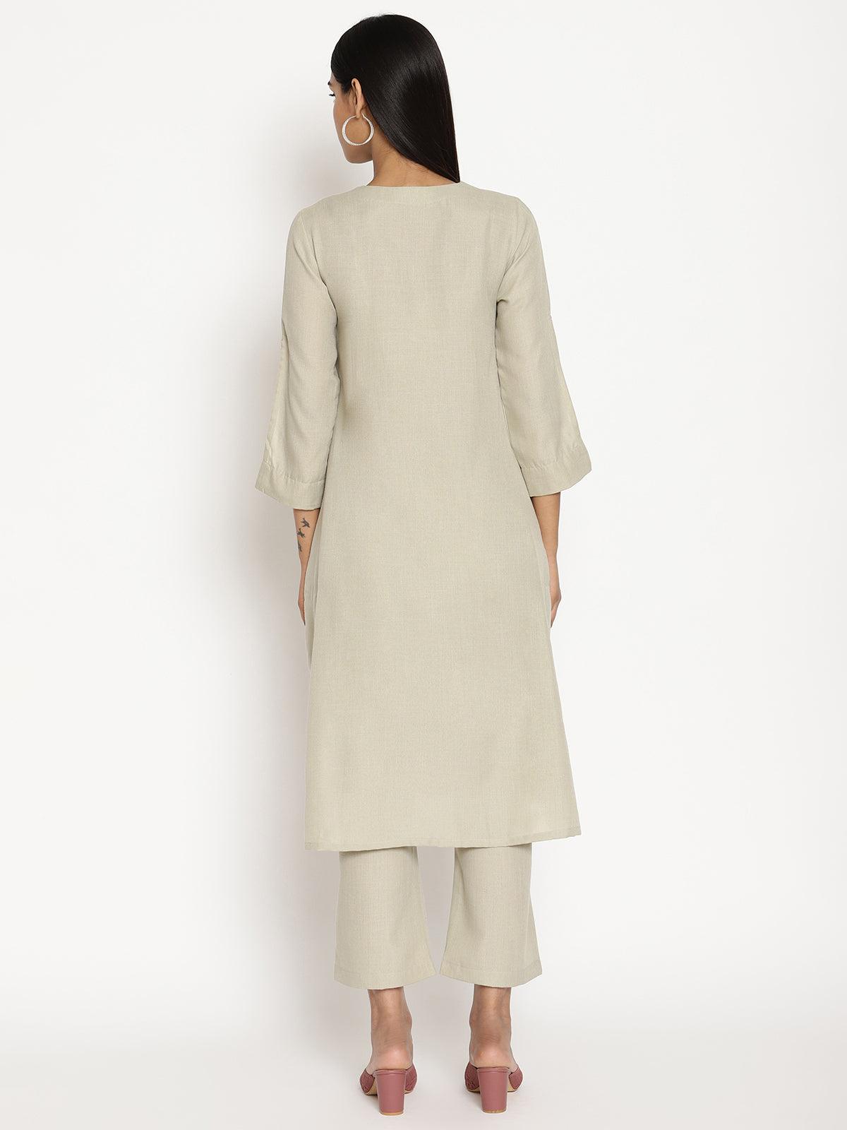 trueBrowns Cotton Linen Light Grey Flared Kurta Pant Set - Distacart
