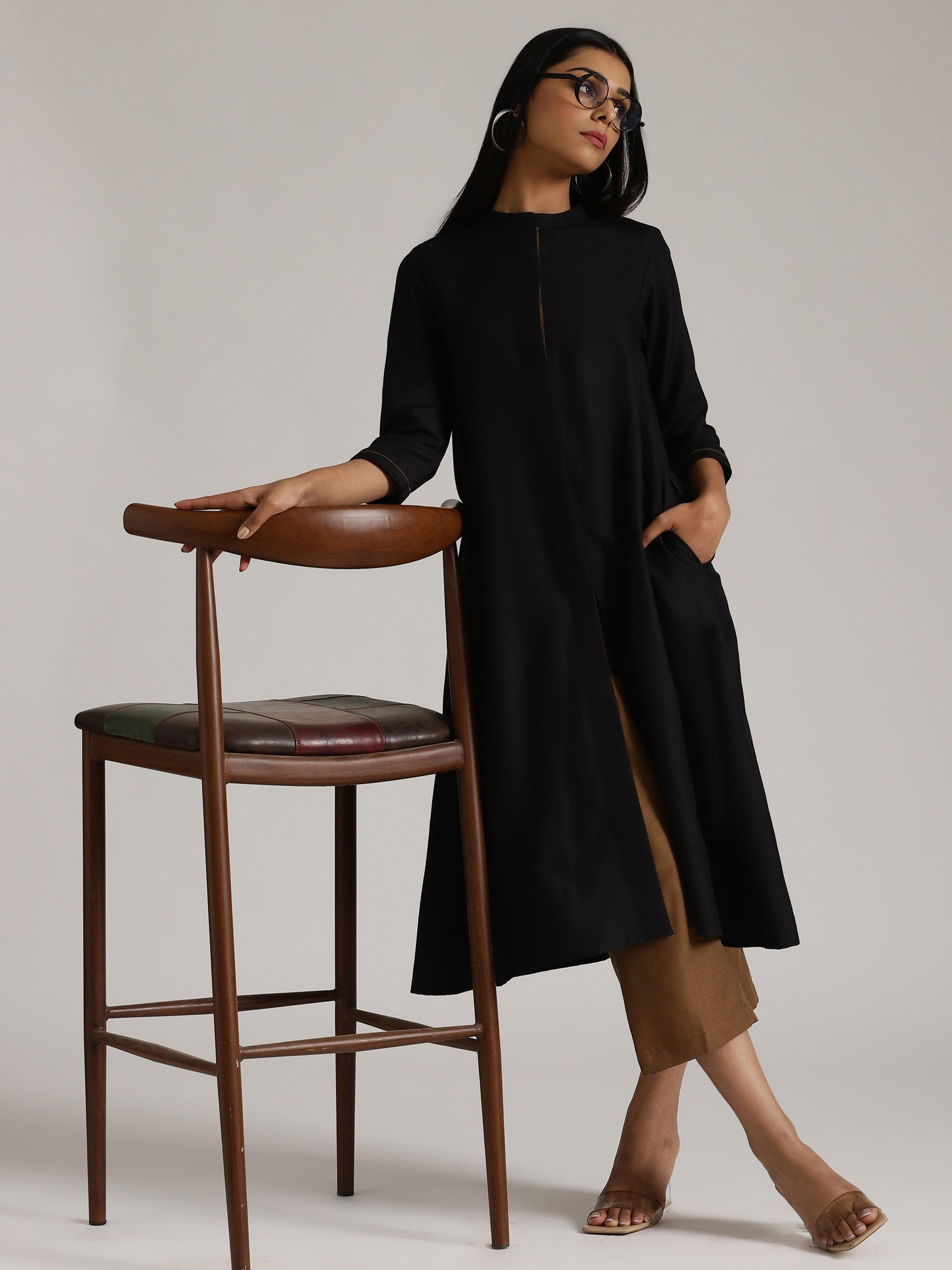 trueBrowns Cotton Linen Black Kurta Pant Set - Distacart