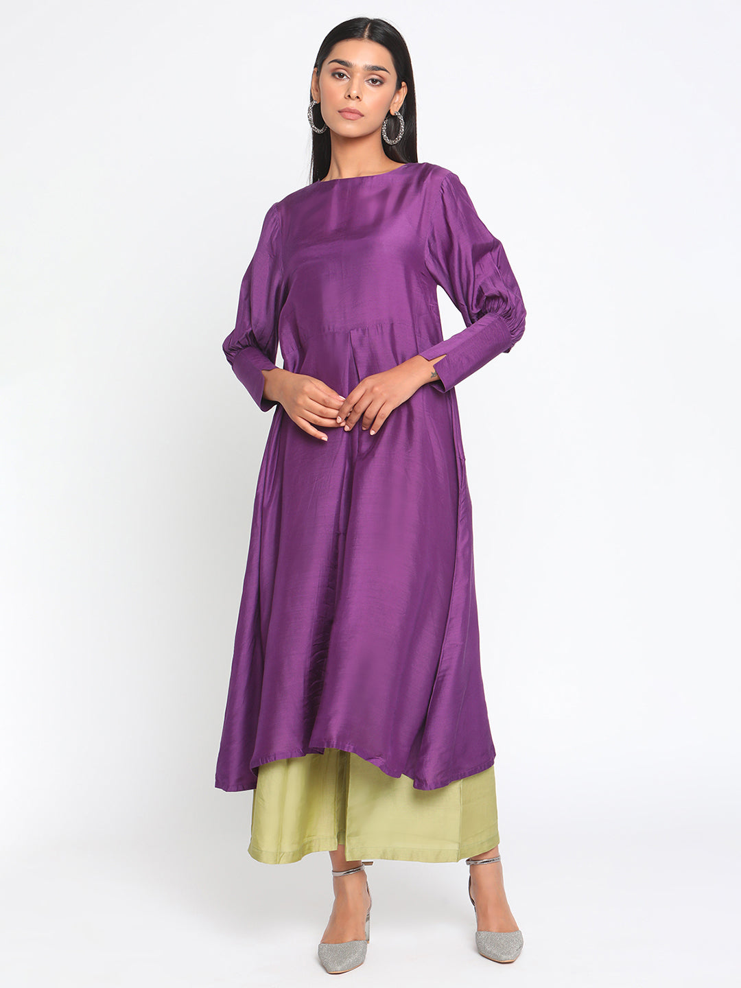 trueBrowns Silk Purple Gathered Sleeve Flared Kurta Palazzo Set - Distacart
