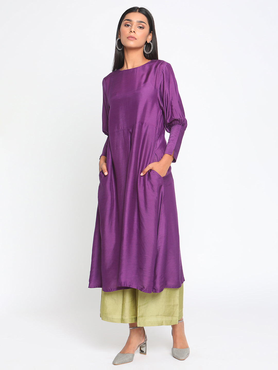 trueBrowns Silk Purple Gathered Sleeve Flared Kurta Palazzo Set - Distacart