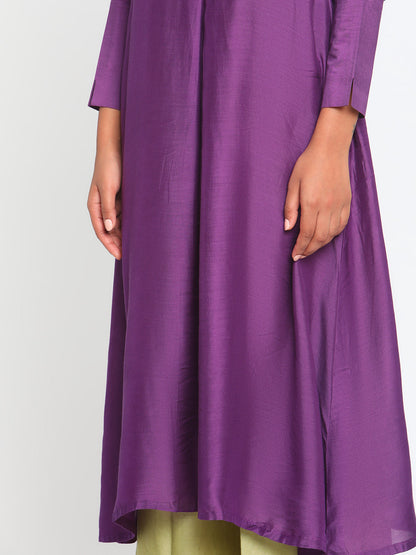 trueBrowns Silk Purple Gathered Sleeve Flared Kurta Palazzo Set - Distacart
