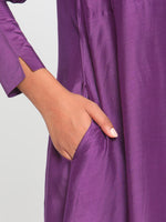 Thumbnail for trueBrowns Silk Purple Gathered Sleeve Flared Kurta Palazzo Set - Distacart