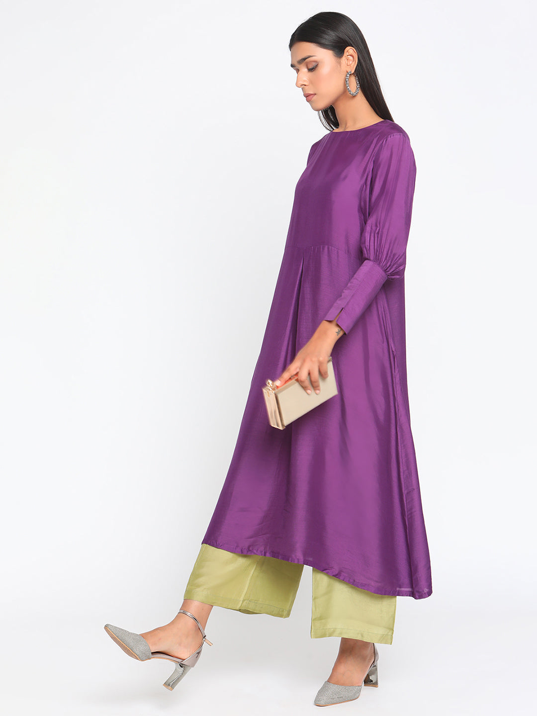 trueBrowns Silk Purple Gathered Sleeve Flared Kurta Palazzo Set - Distacart