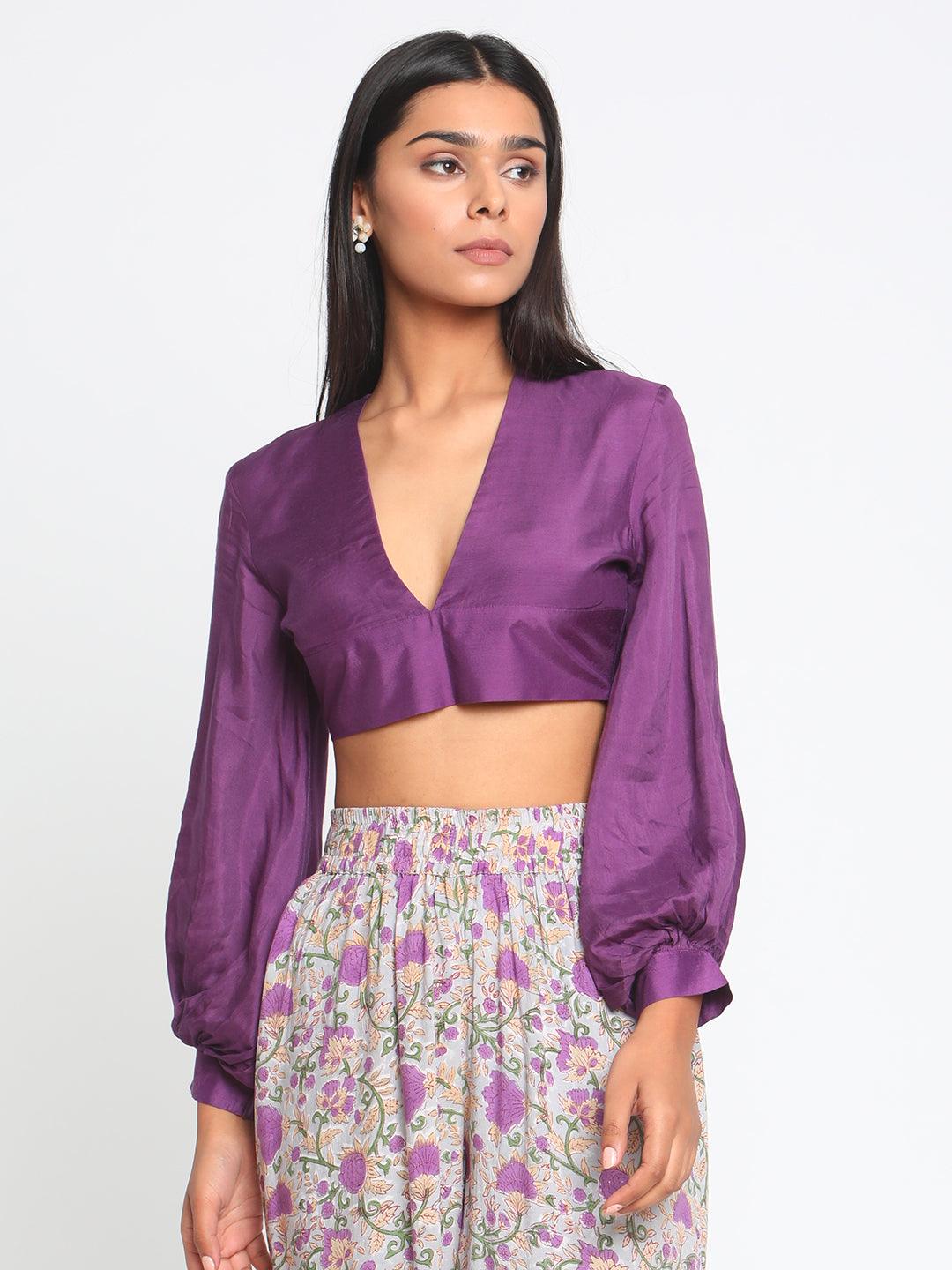 trueBrowns Silk Purple Gathered Sleeve Blouse - Distacart
