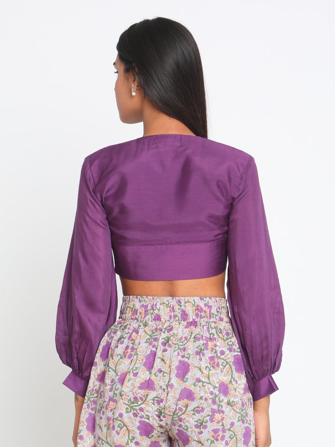 trueBrowns Silk Purple Gathered Sleeve Blouse - Distacart