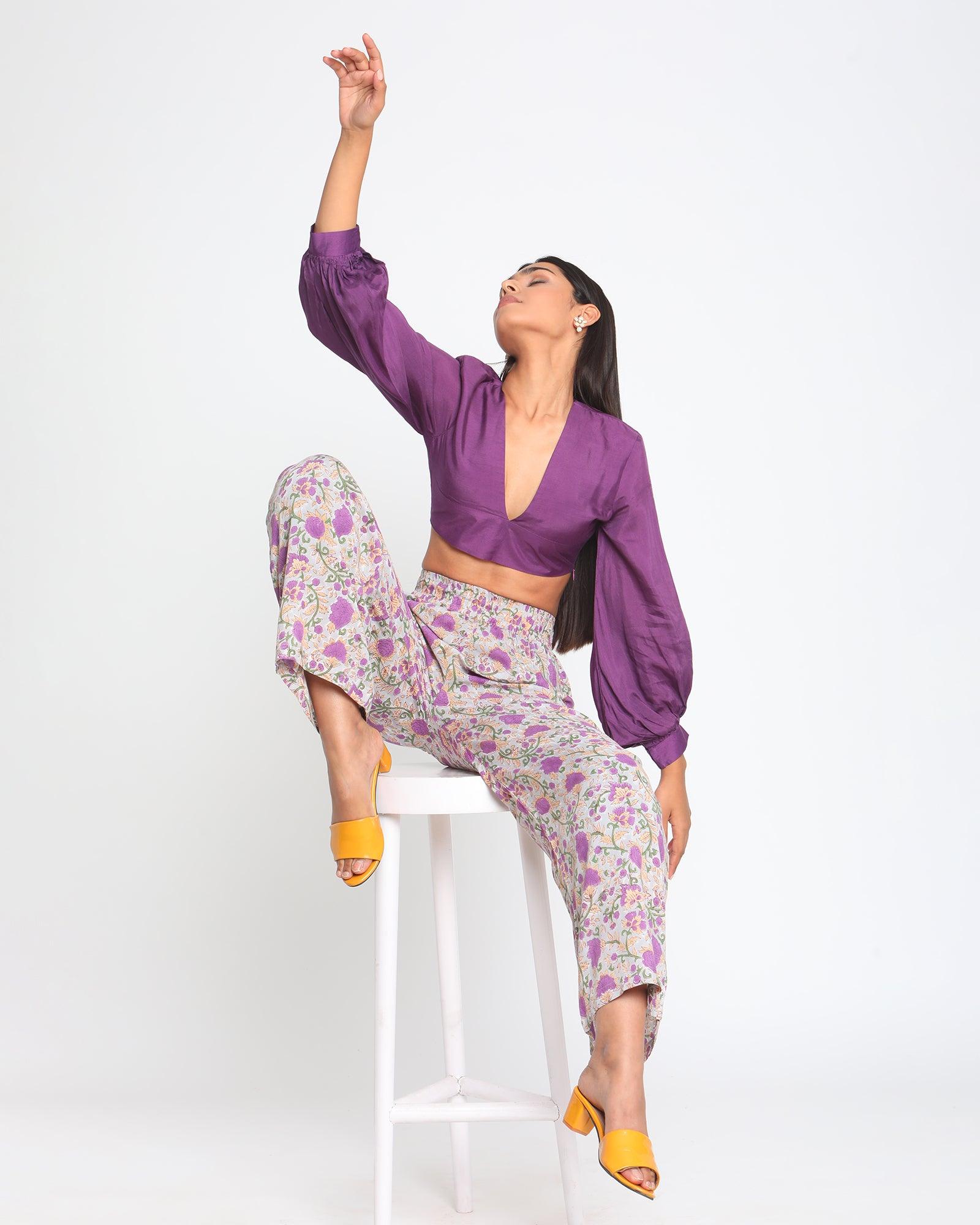 trueBrowns Silk Purple Gathered Sleeve Blouse - Distacart