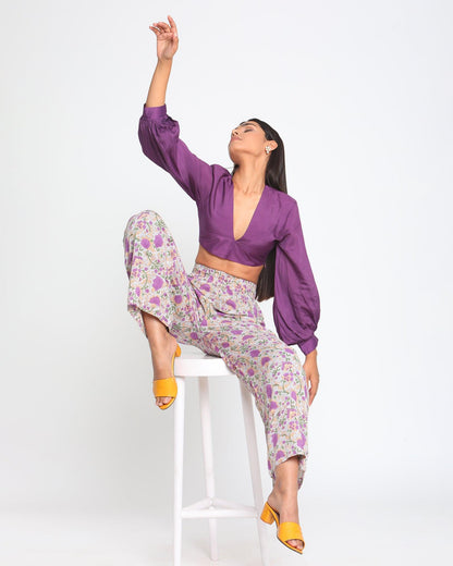 trueBrowns Silk Purple Gathered Sleeve Blouse - Distacart