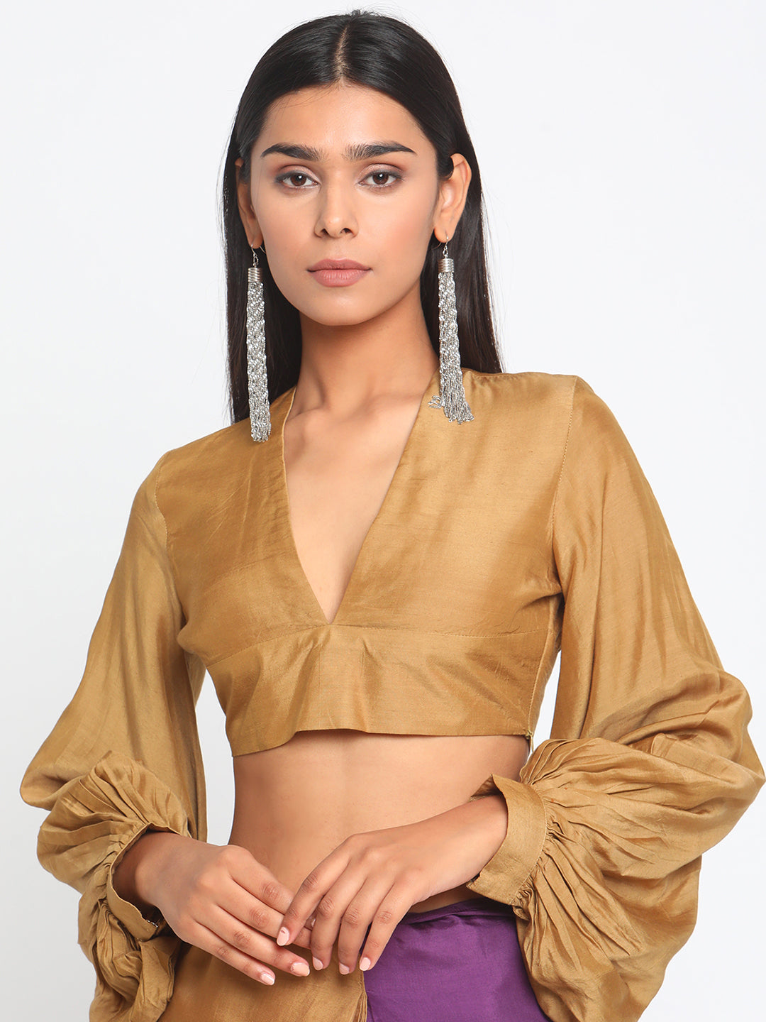 trueBrowns Silk Gold Gathered Sleeve Blouse - Distacart