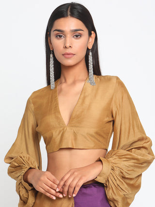 trueBrowns Silk Gold Gathered Sleeve Blouse - Distacart