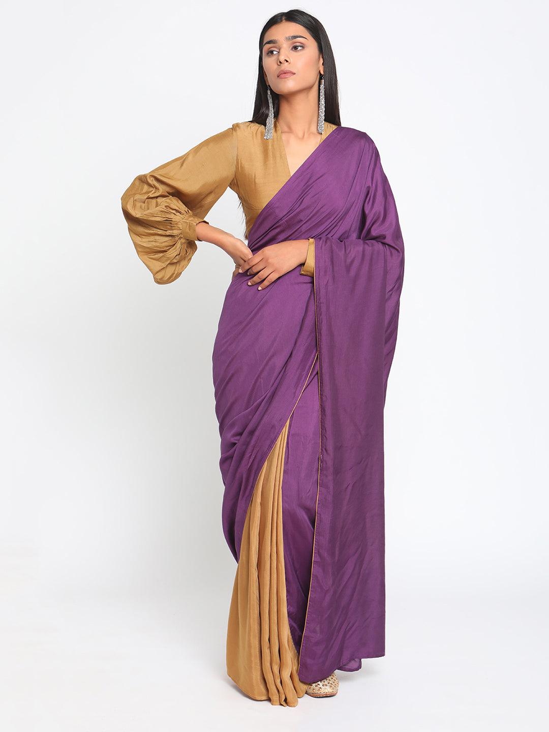 trueBrowns Silk Purple Gathered Sleeve Blouse - Distacart