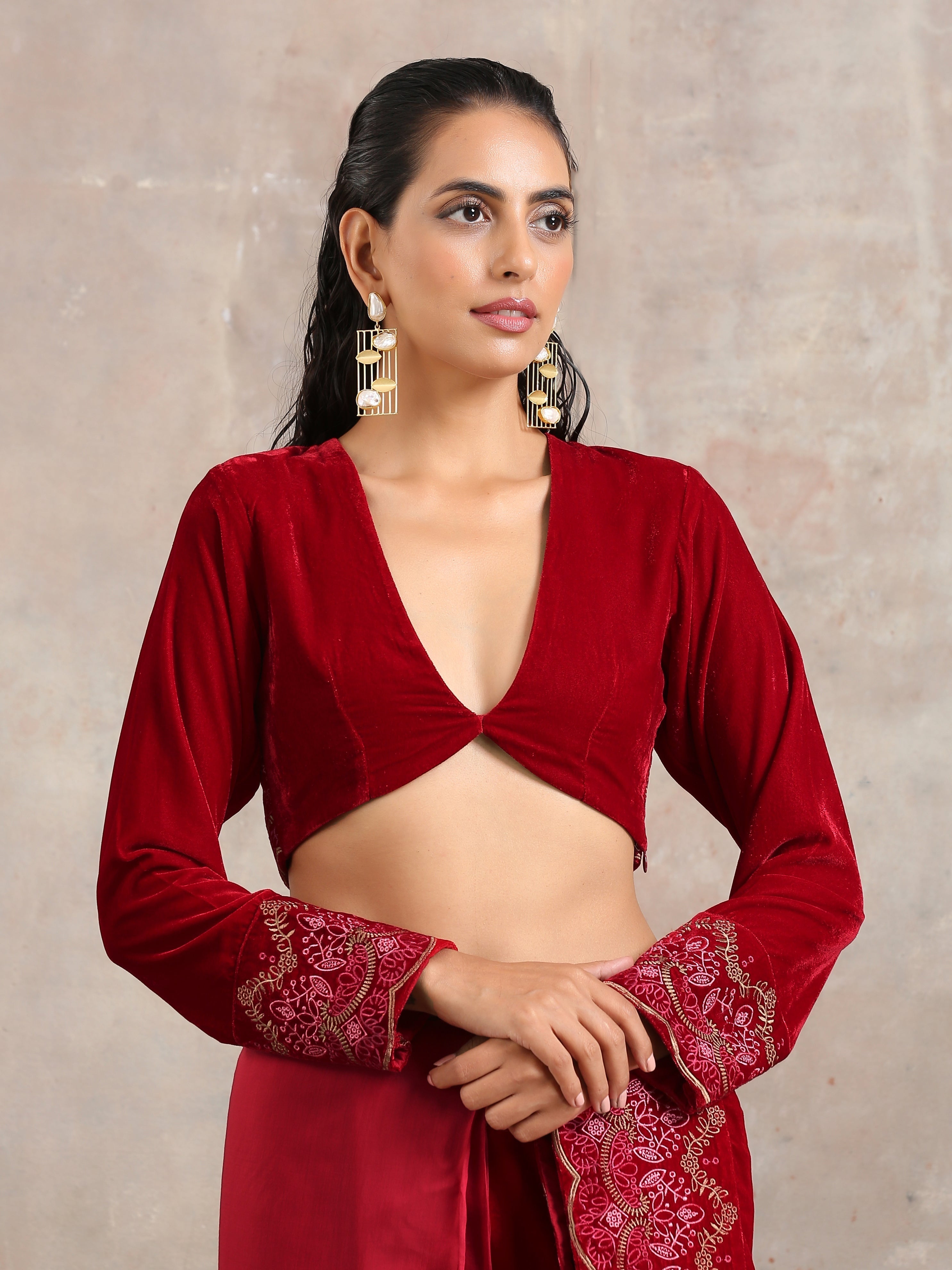 trueBrowns Red Velvet Embroidered Blouse - Distacart