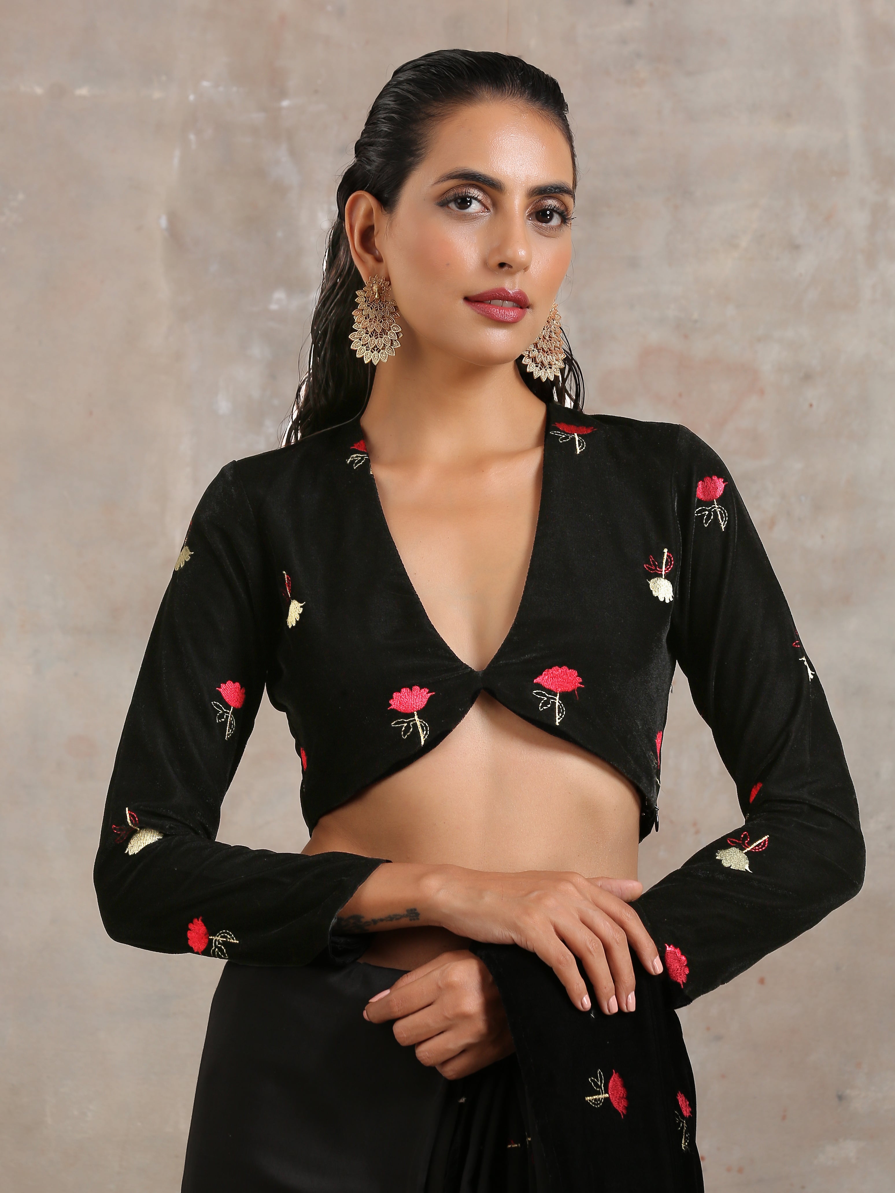 trueBrowns Black Velvet Embroidered Blouse - Distacart