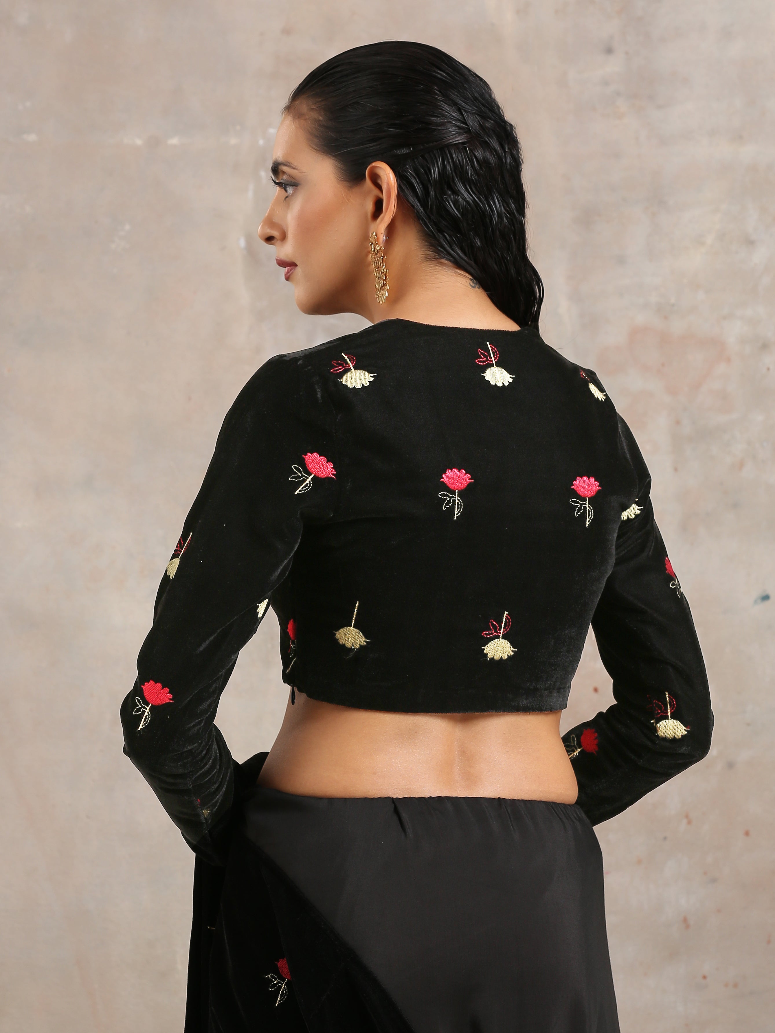 trueBrowns Black Velvet Embroidered Blouse - Distacart
