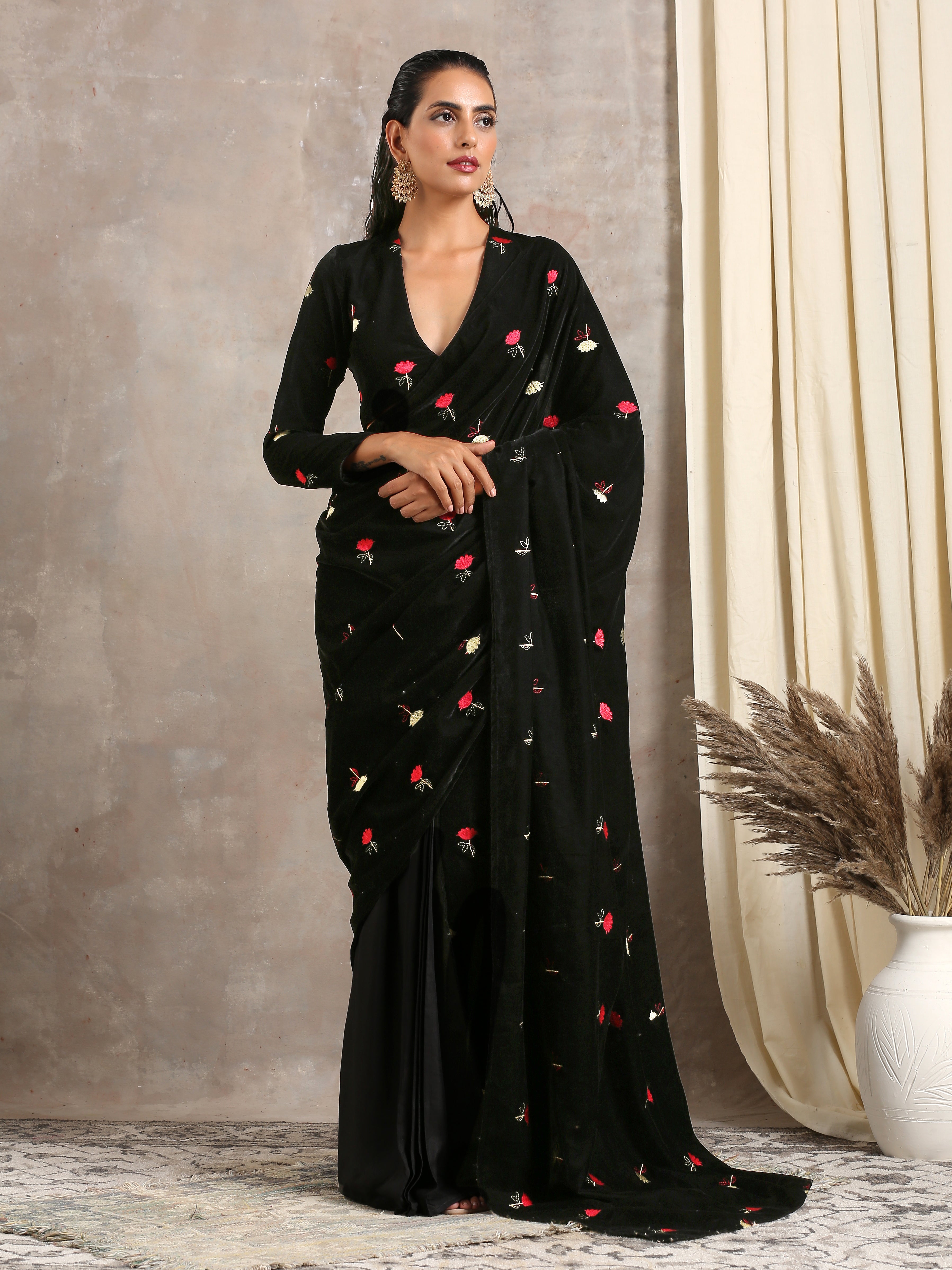trueBrowns Black Velvet Embroidered Blouse - Distacart