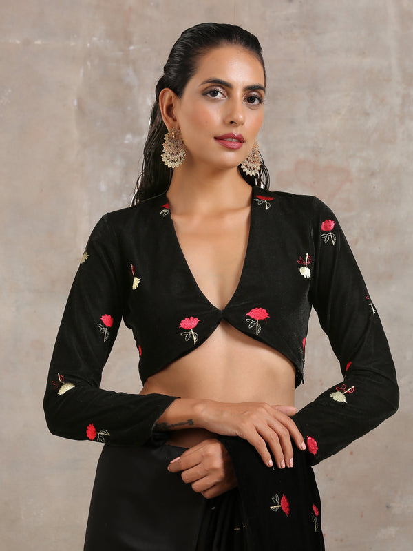 trueBrowns Black Velvet Embroidered Blouse - Distacart