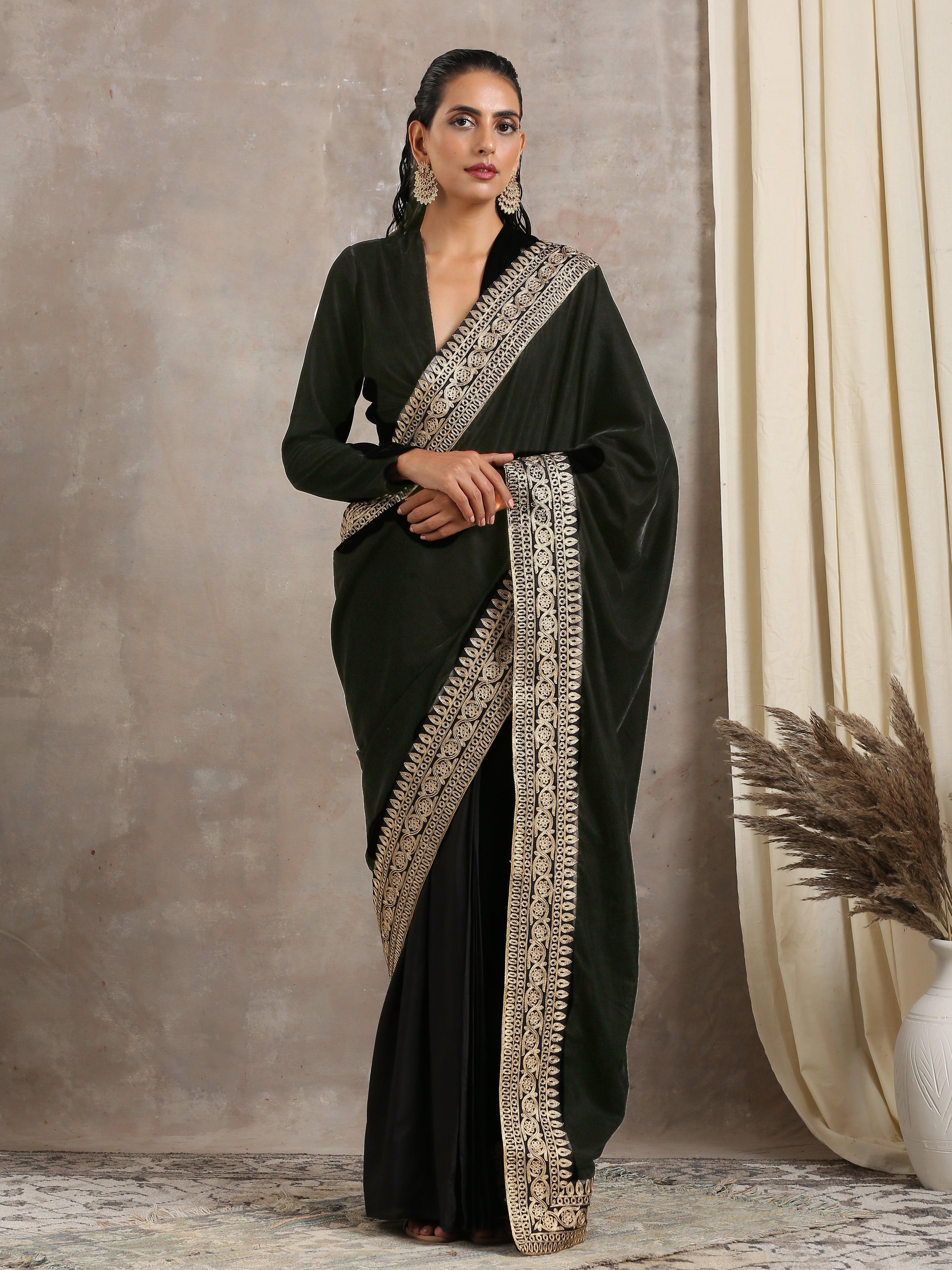 trueBrowns Velvet Silk Embroidered Ready Pleated Saree - Distacart