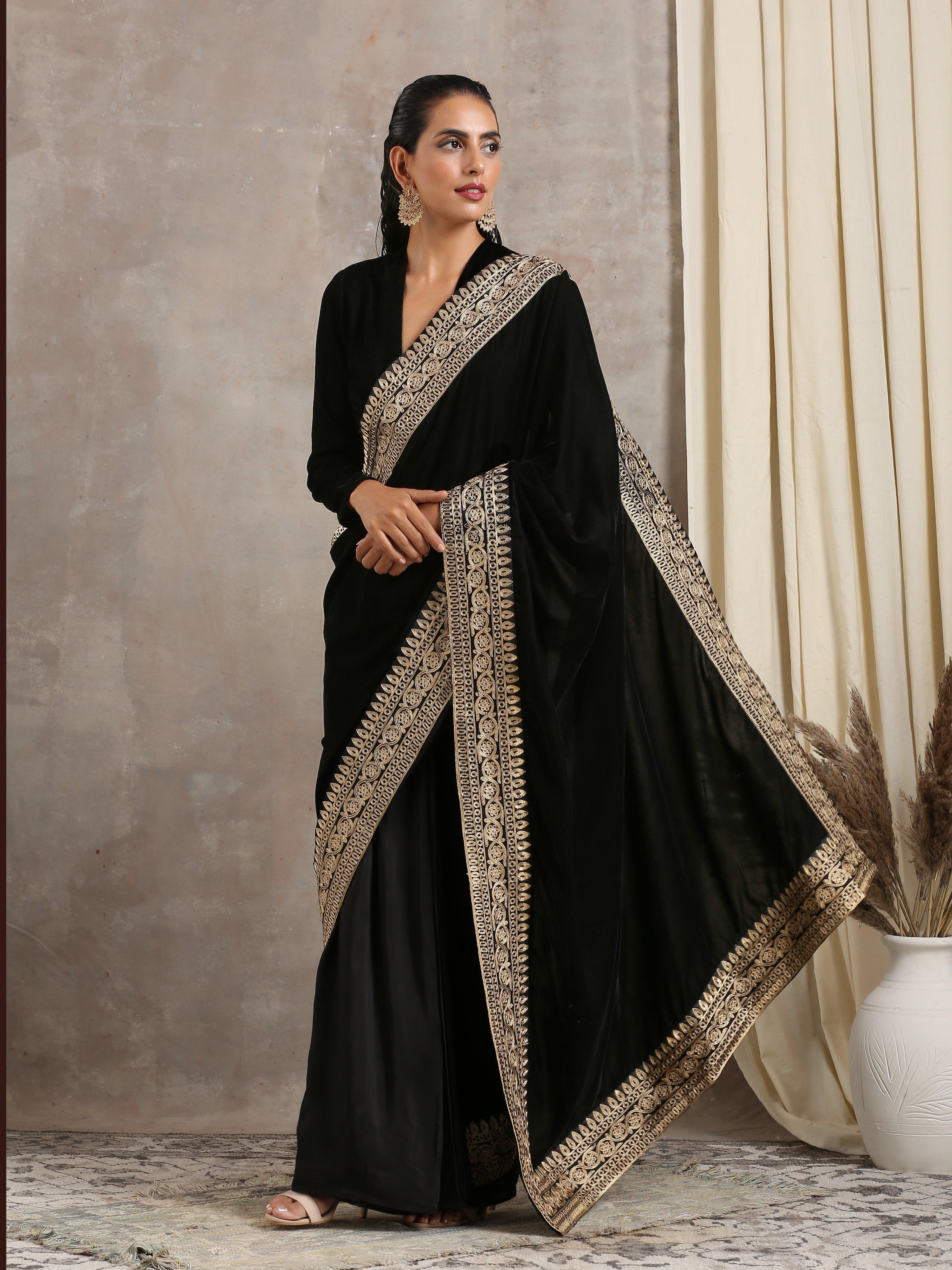 trueBrowns Velvet Silk Embroidered Ready Pleated Saree - Distacart