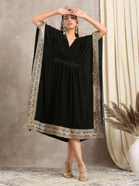Thumbnail for trueBrowns Black Velvet Embroidered Lace Kaftan - Distacart
