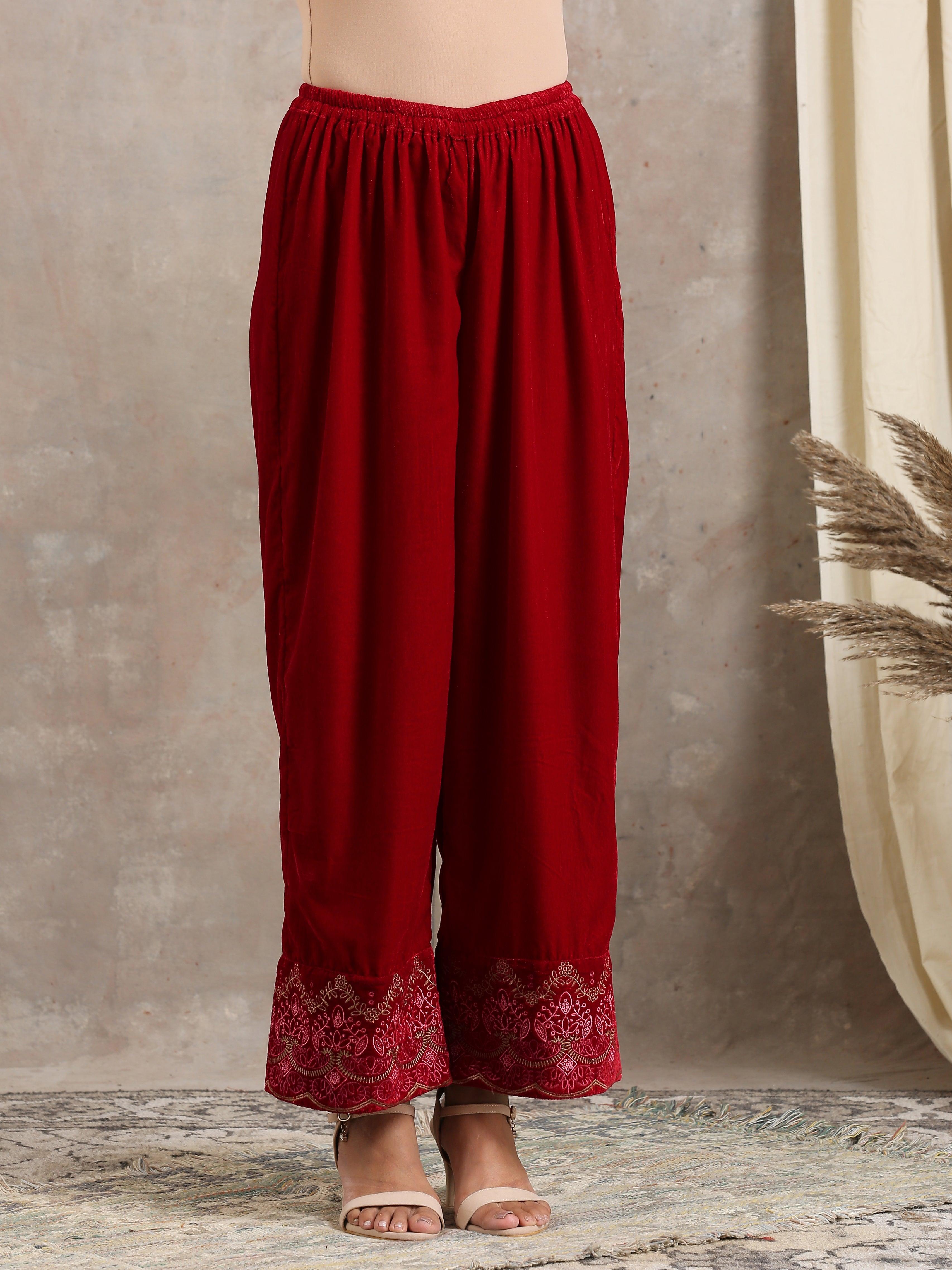 trueBrowns Red Velvet Embroidered Pant - Distacart