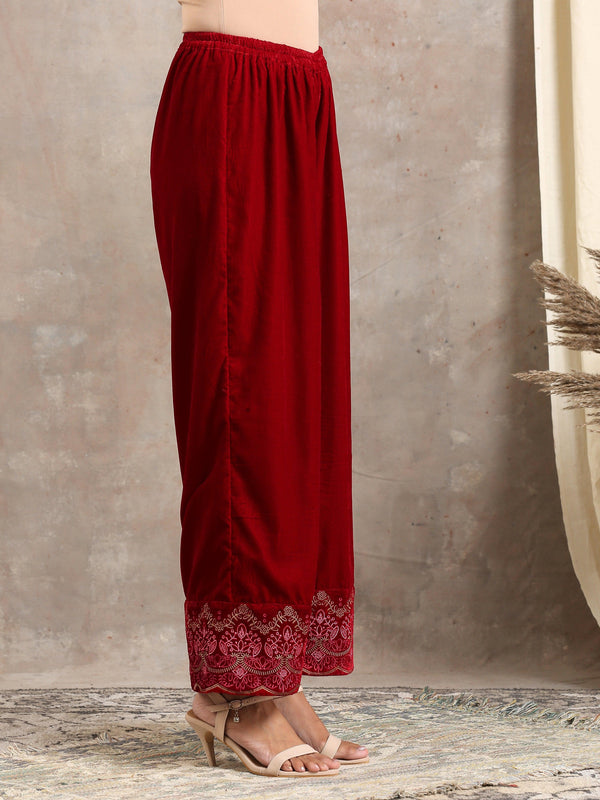 trueBrowns Red Velvet Embroidered Pant - Distacart