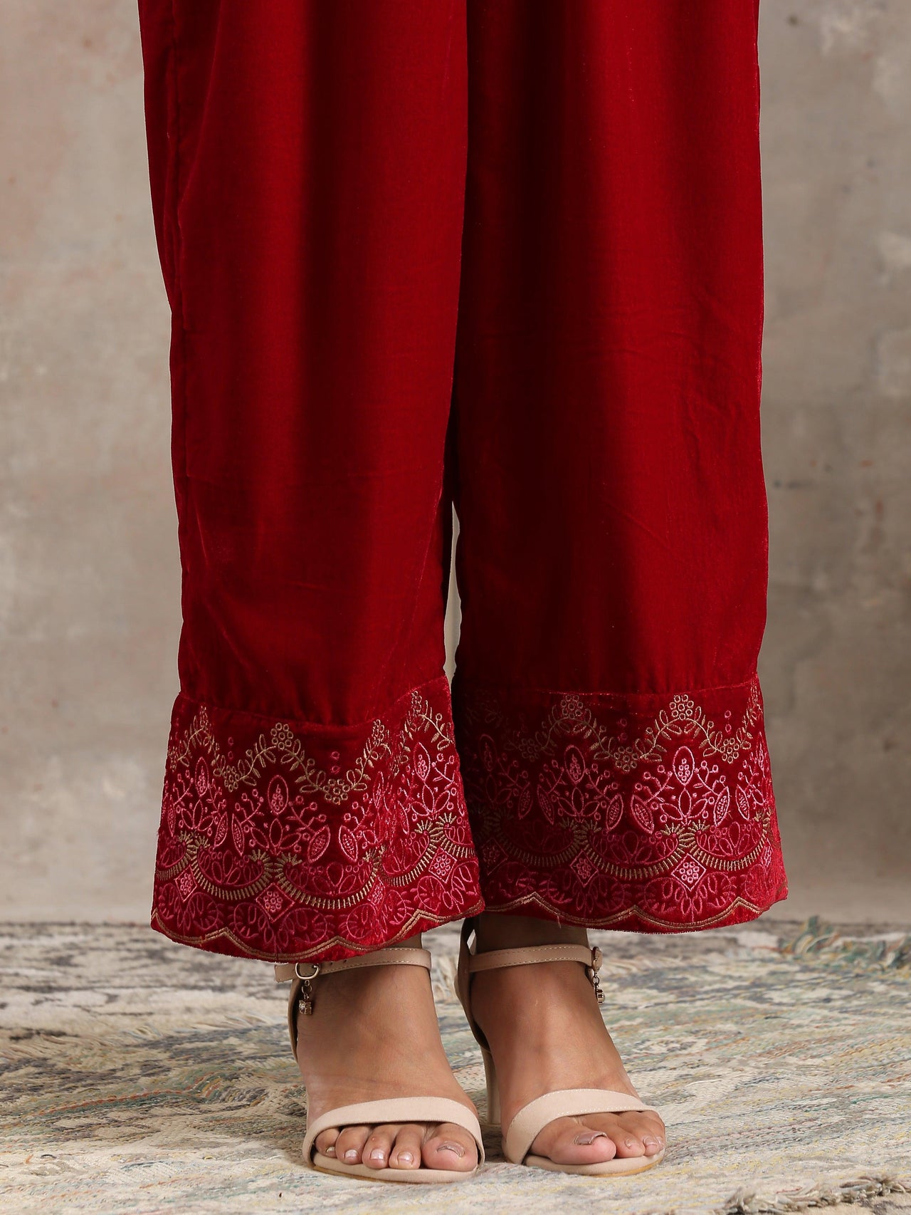 trueBrowns Red Velvet Embroidered Pant - Distacart