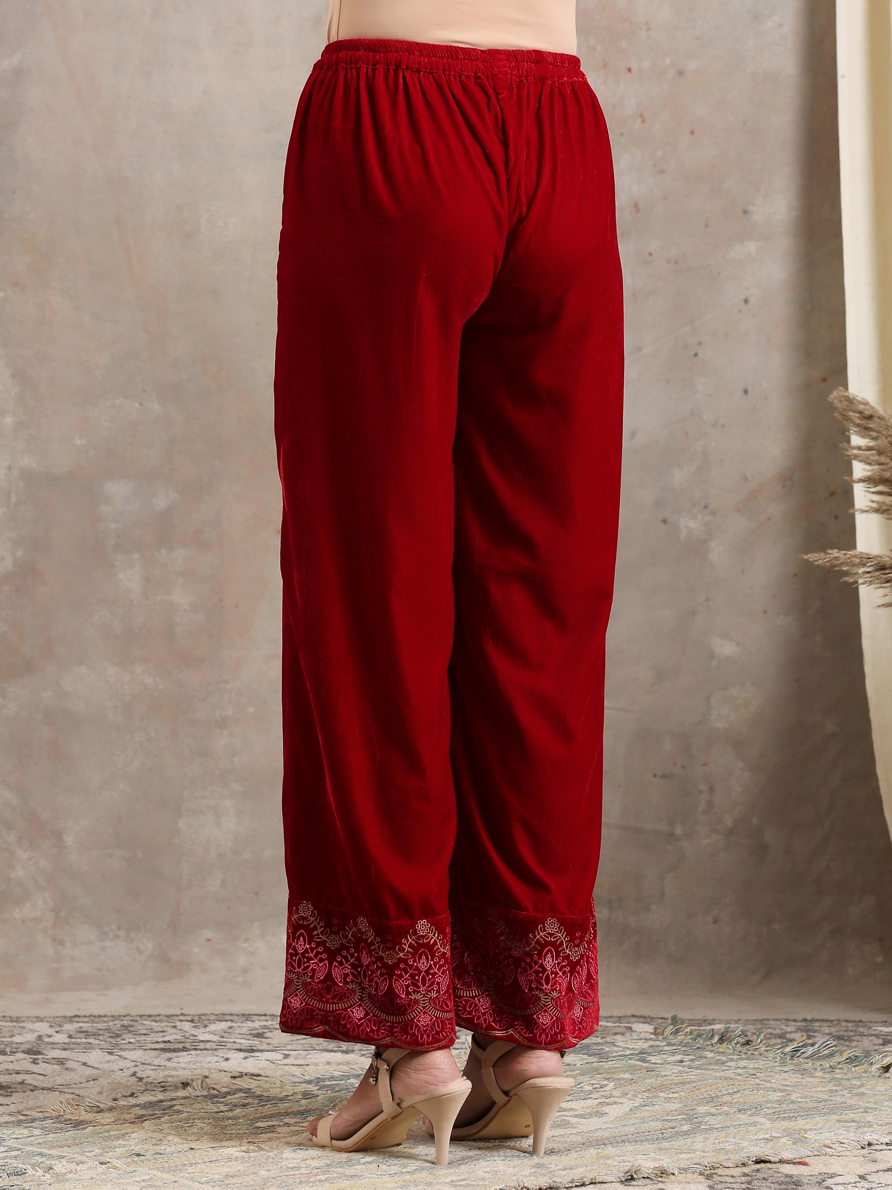 trueBrowns Red Velvet Embroidered Pant - Distacart