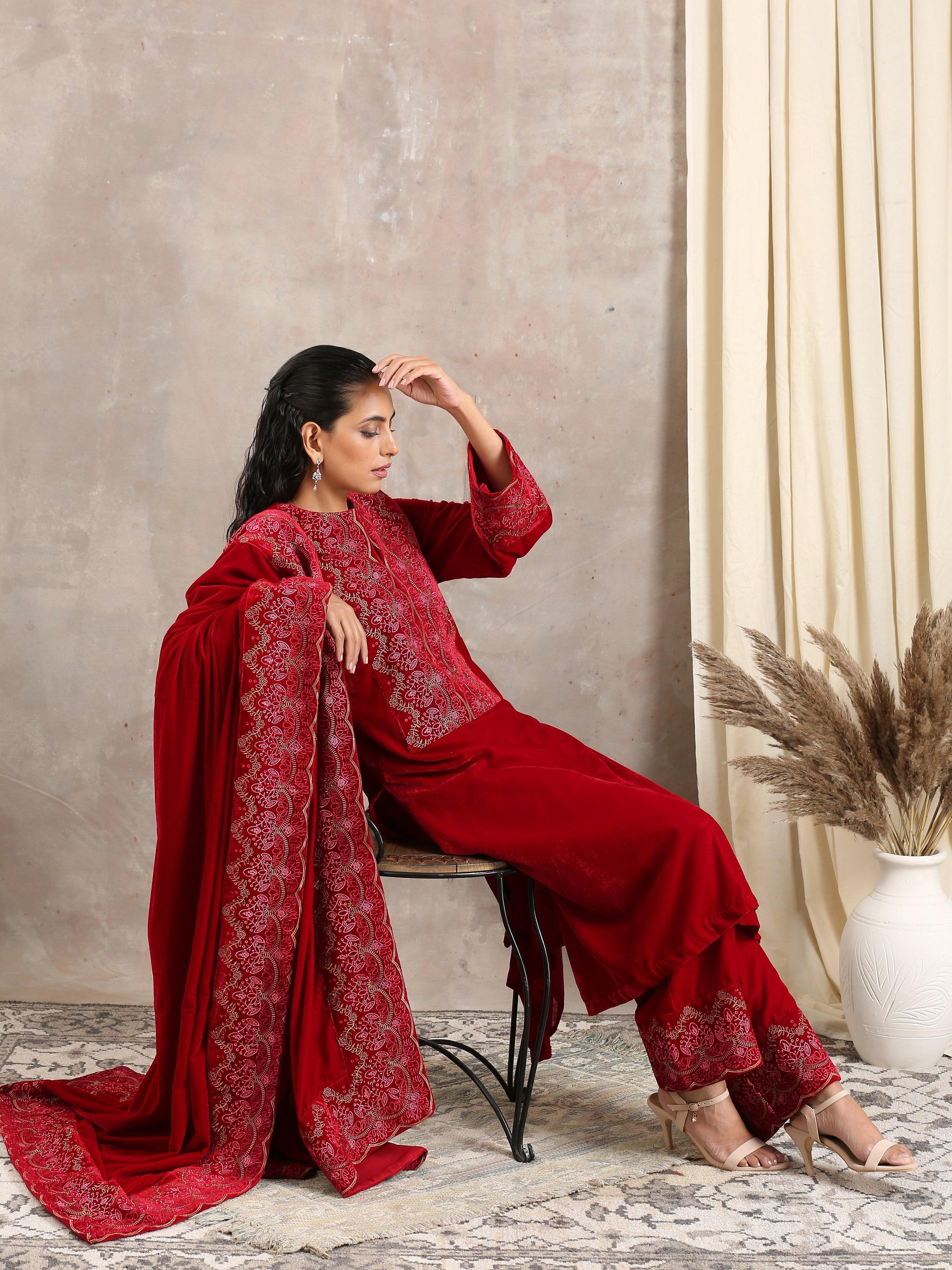 trueBrowns Red Velvet Embroidered Pant - Distacart