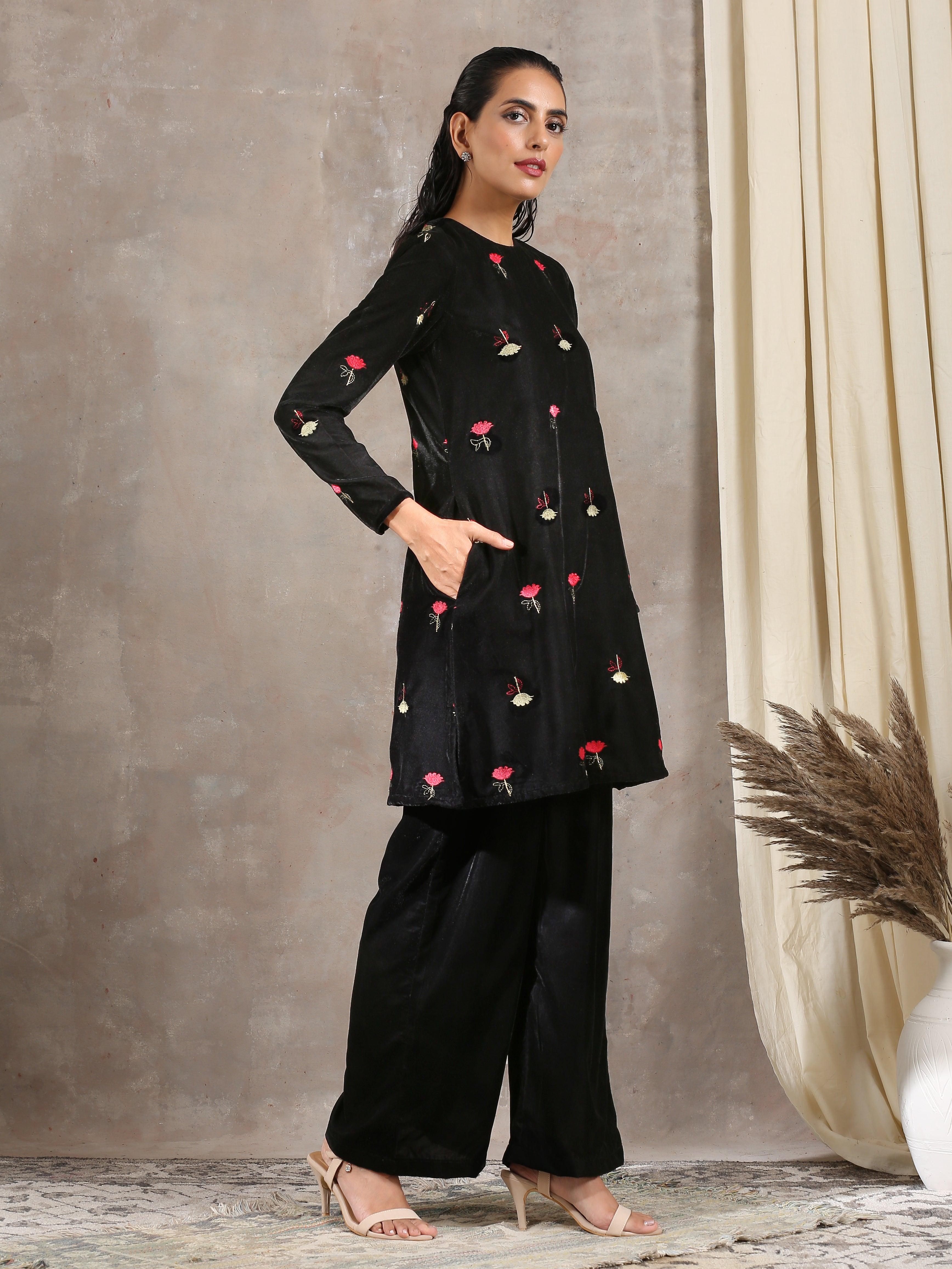 trueBrowns Black Velvet Embroidered Short Kurta - Distacart