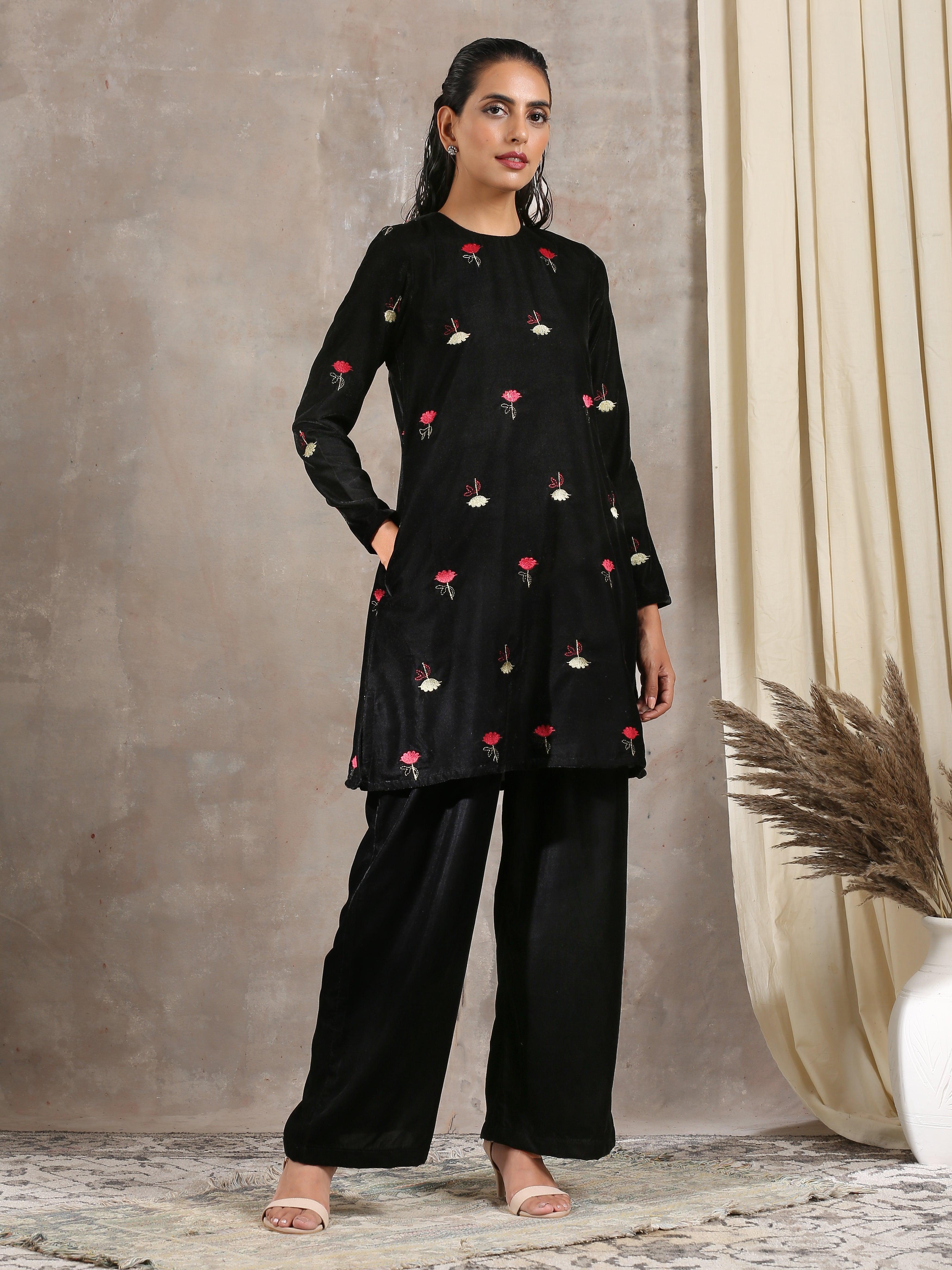 trueBrowns Black Velvet Embroidered Short Kurta - Distacart