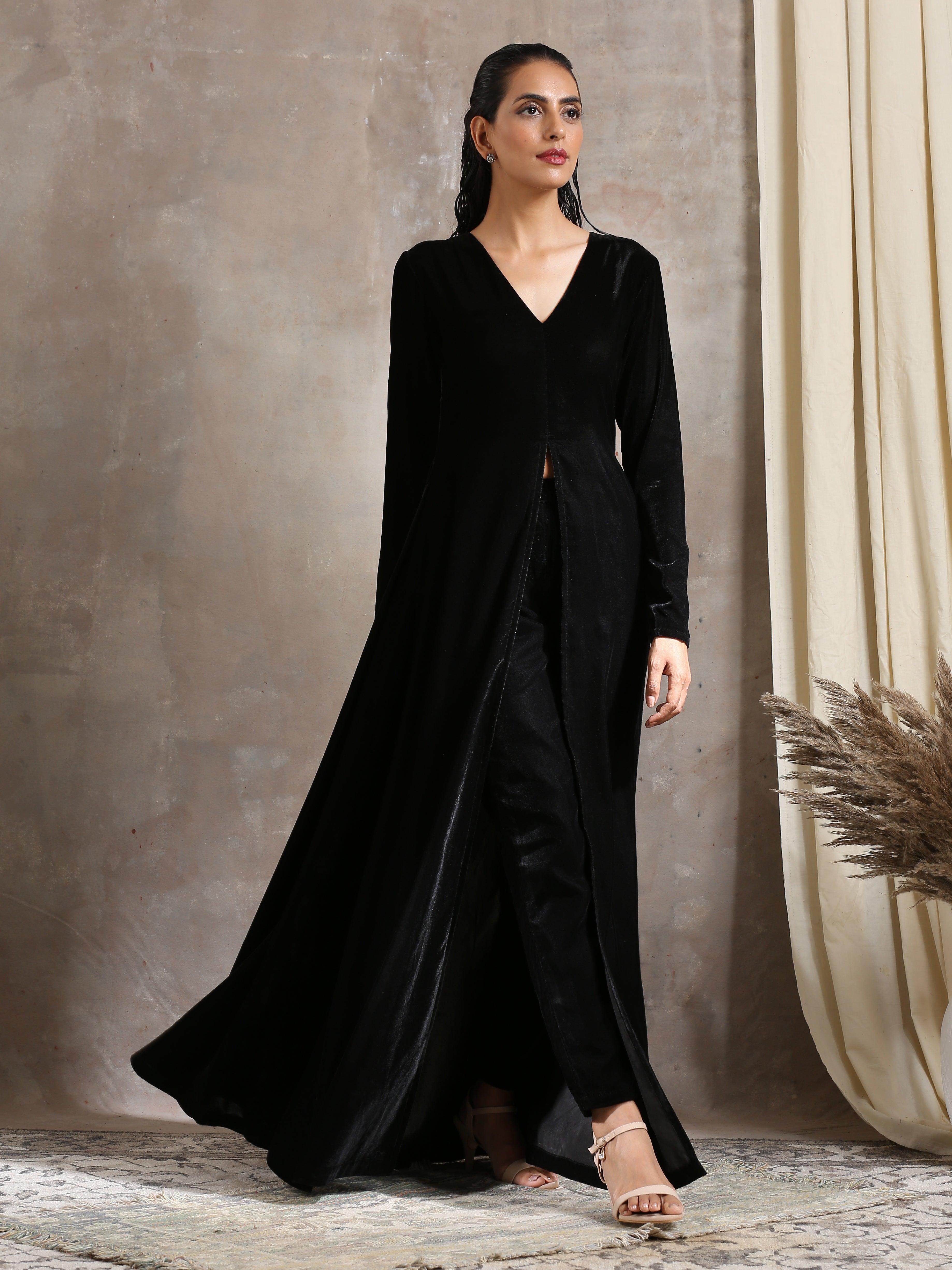 trueBrowns Black Velvet Front Slit Kurta - Distacart