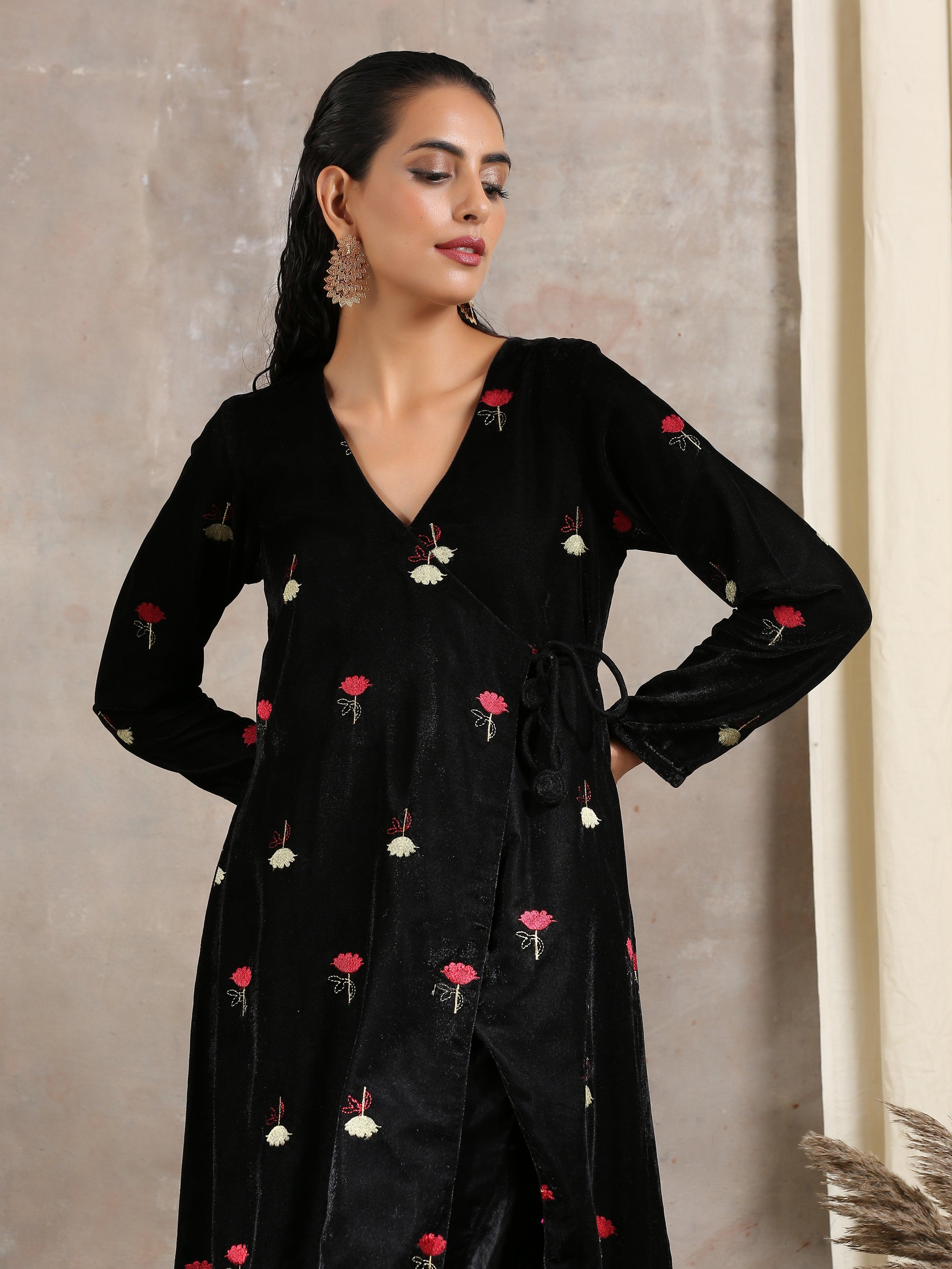 trueBrowns Black Velvet Embroidered Angrakha - Distacart