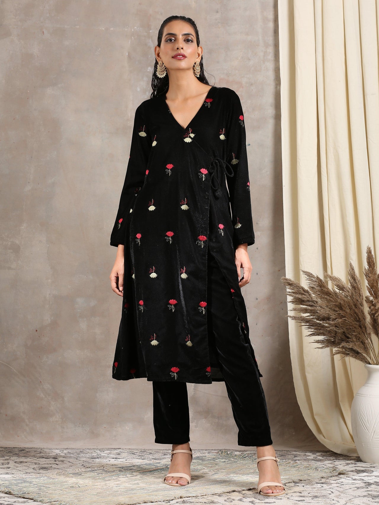 trueBrowns Black Velvet Embroidered Angrakha - Distacart