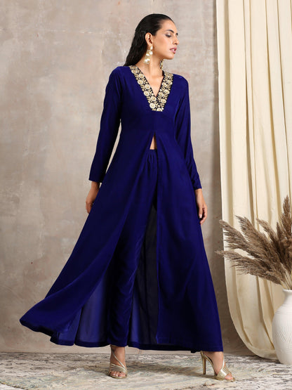 trueBrowns Blue Velvet Front Slit Kurta - Distacart