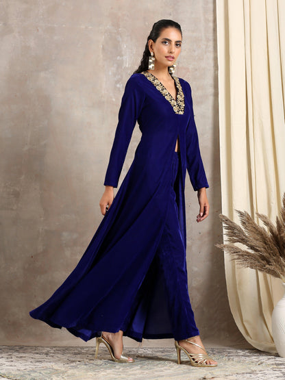 trueBrowns Blue Velvet Front Slit Kurta - Distacart