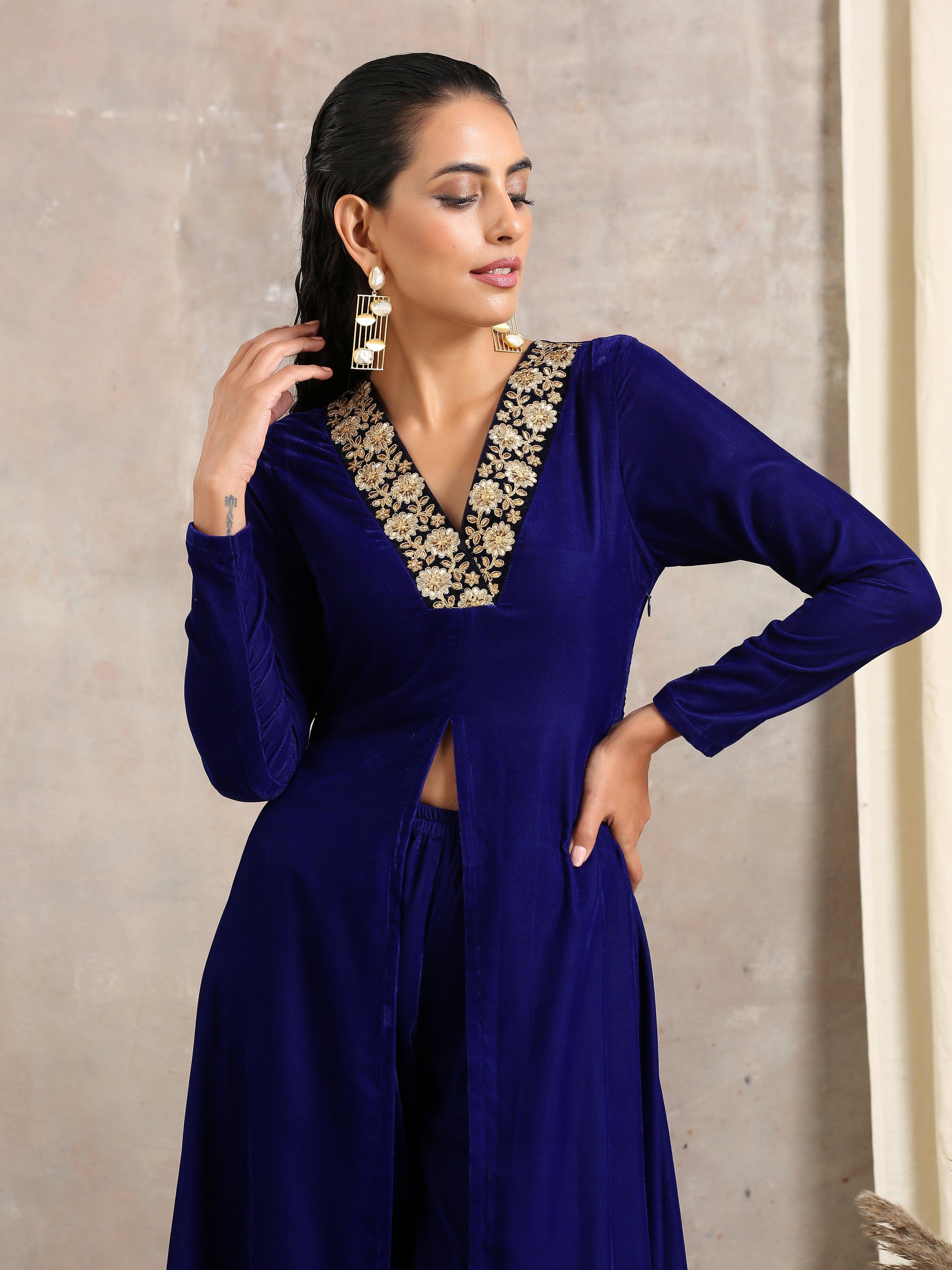 trueBrowns Blue Velvet Front Slit Kurta - Distacart
