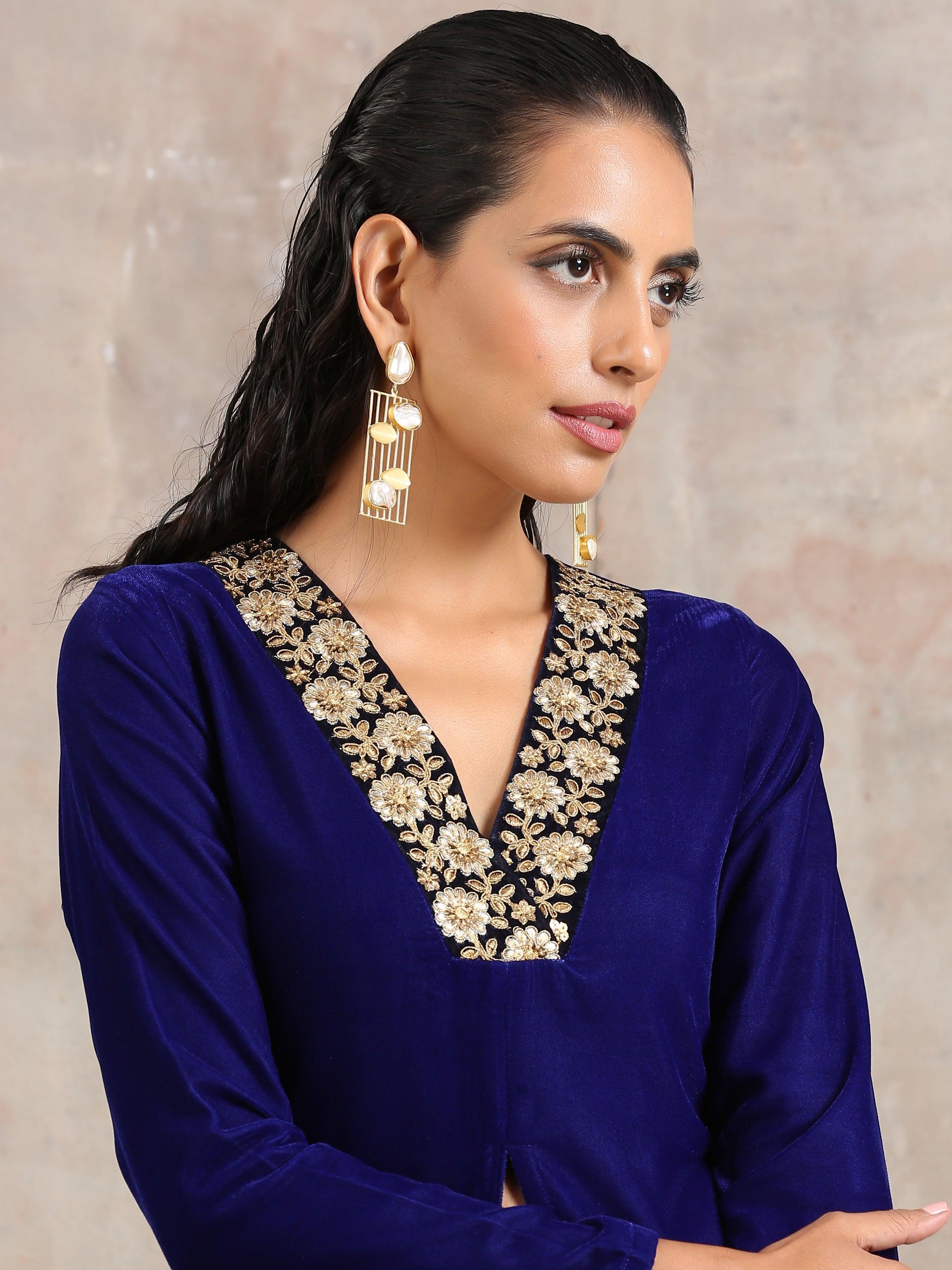 trueBrowns Blue Velvet Front Slit Kurta - Distacart