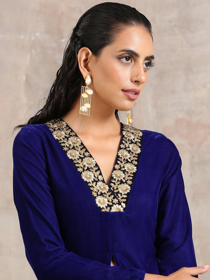 trueBrowns Blue Velvet Front Slit Kurta - Distacart