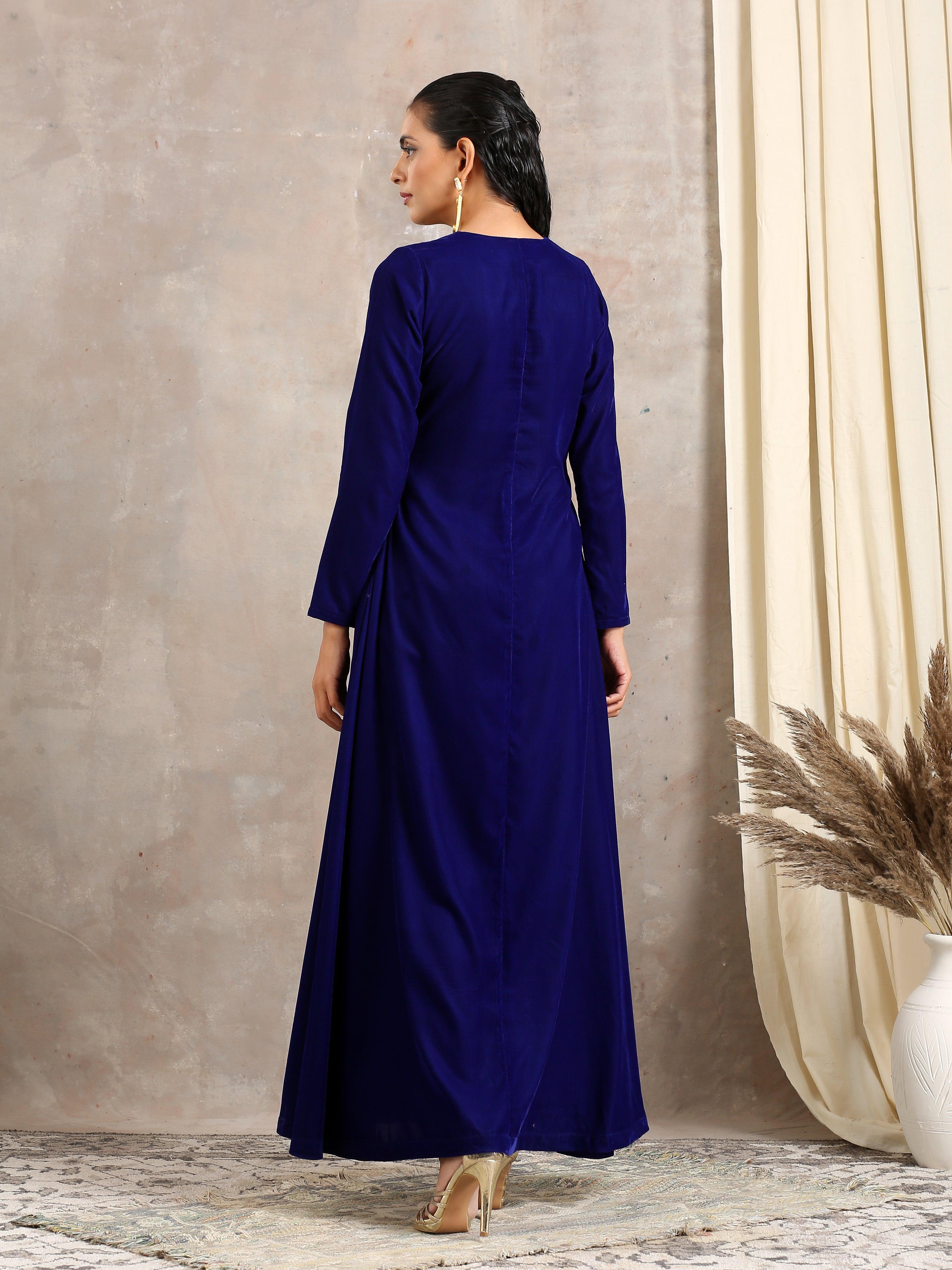 trueBrowns Blue Velvet Front Slit Kurta - Distacart