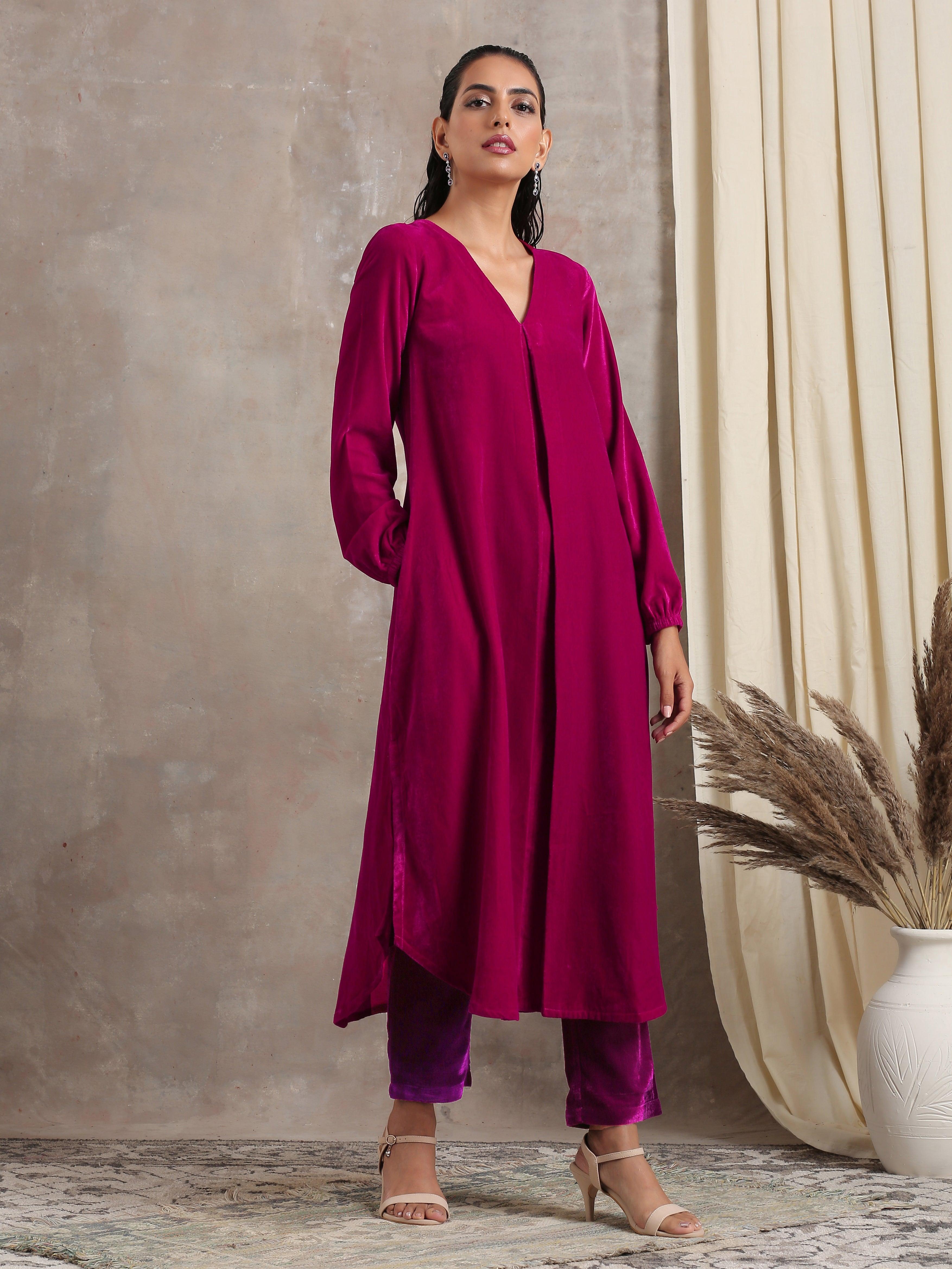 trueBrowns Pink Velvet Pleated Kurta - Distacart