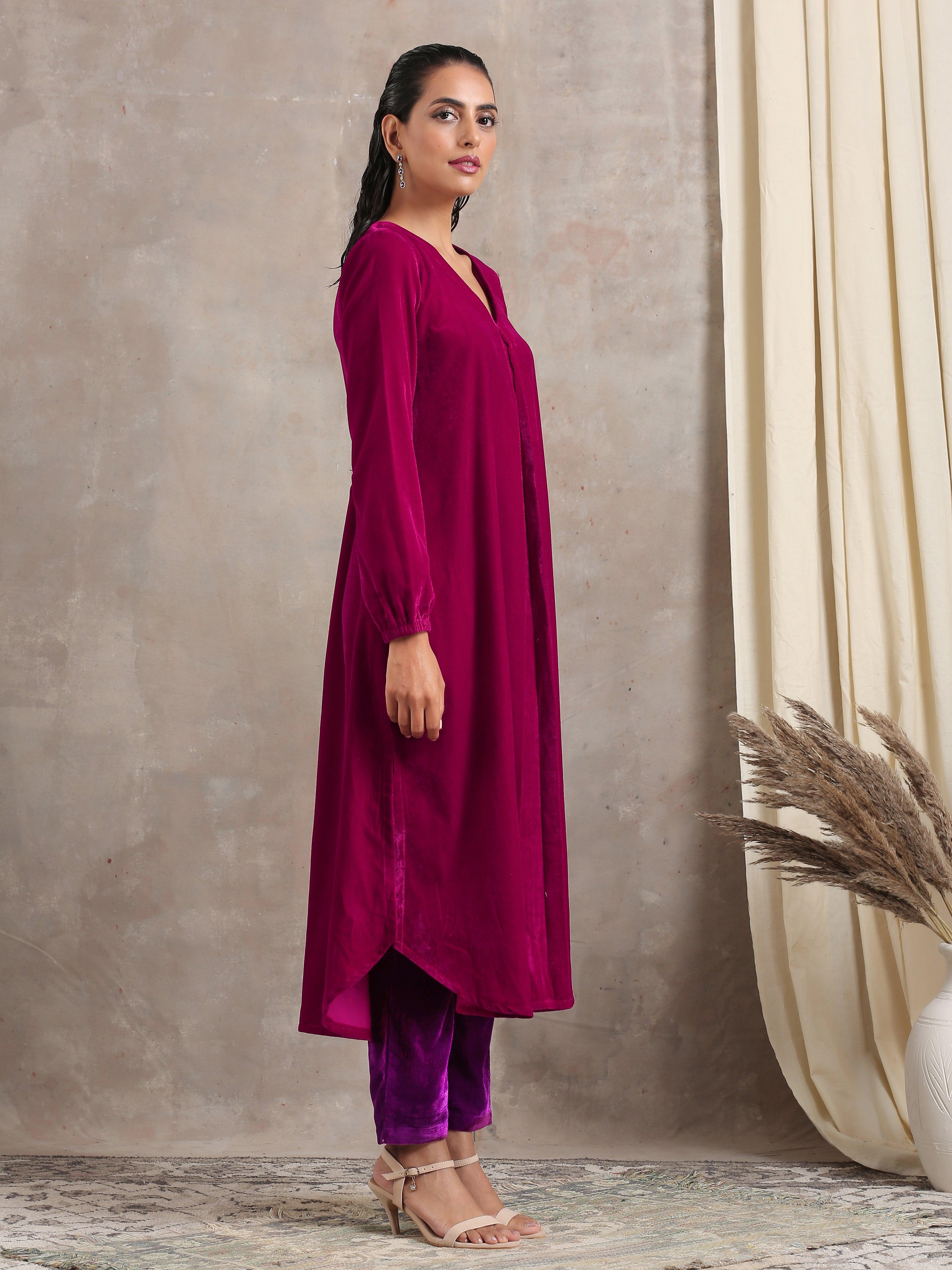 trueBrowns Pink Velvet Pleated Kurta - Distacart