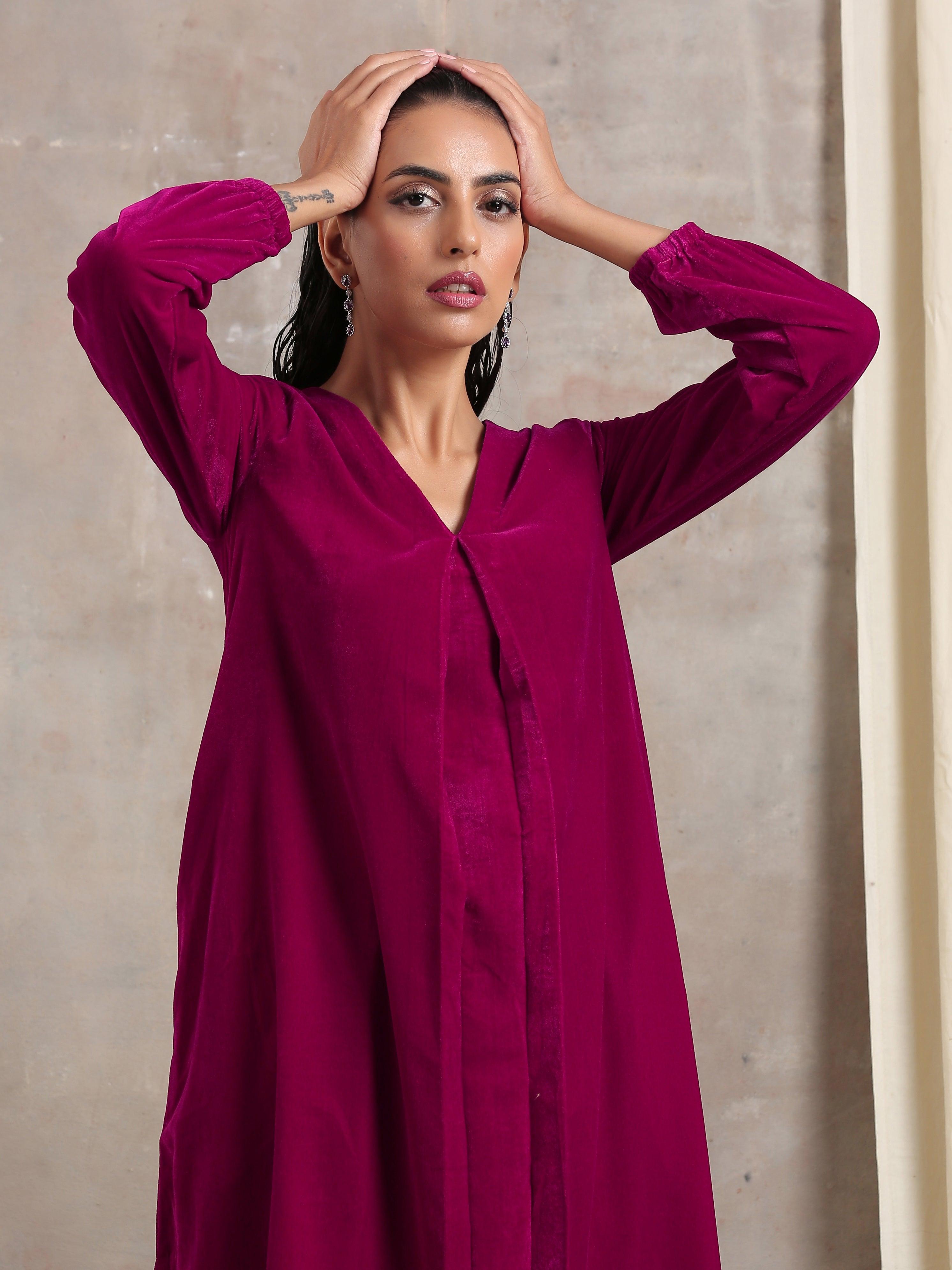 trueBrowns Pink Velvet Pleated Kurta - Distacart