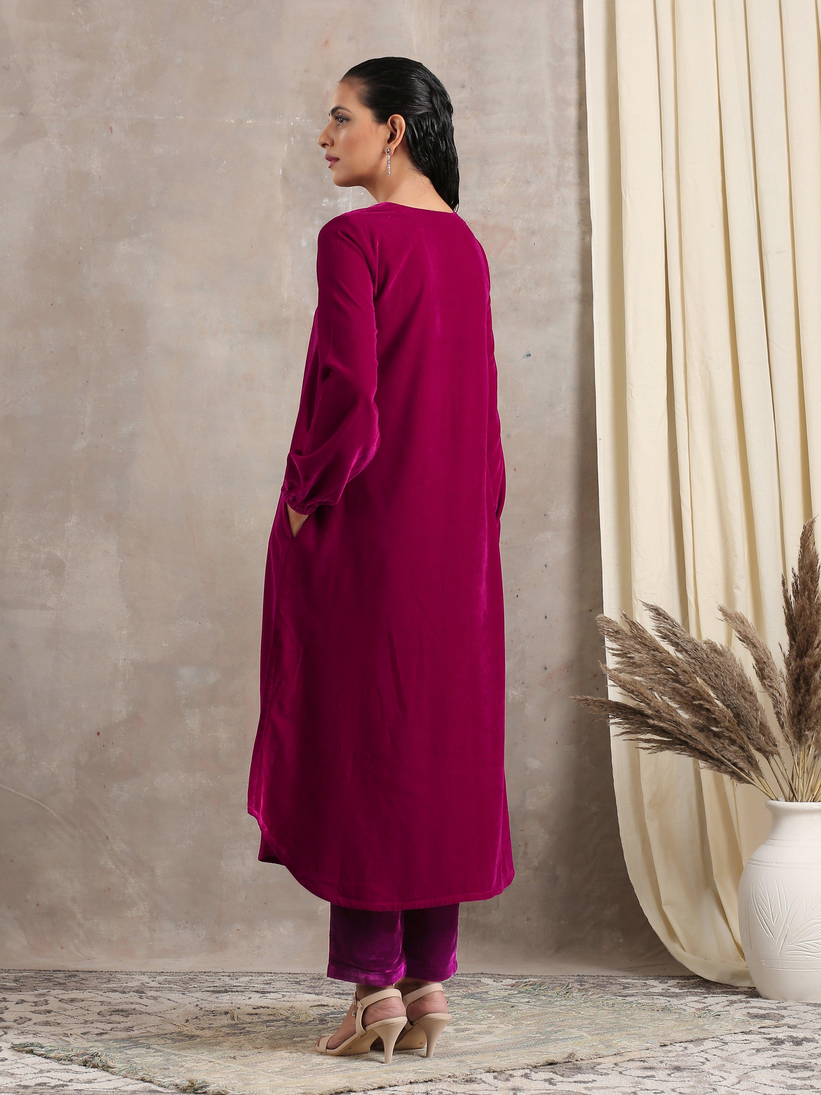 trueBrowns Pink Velvet Pleated Kurta - Distacart