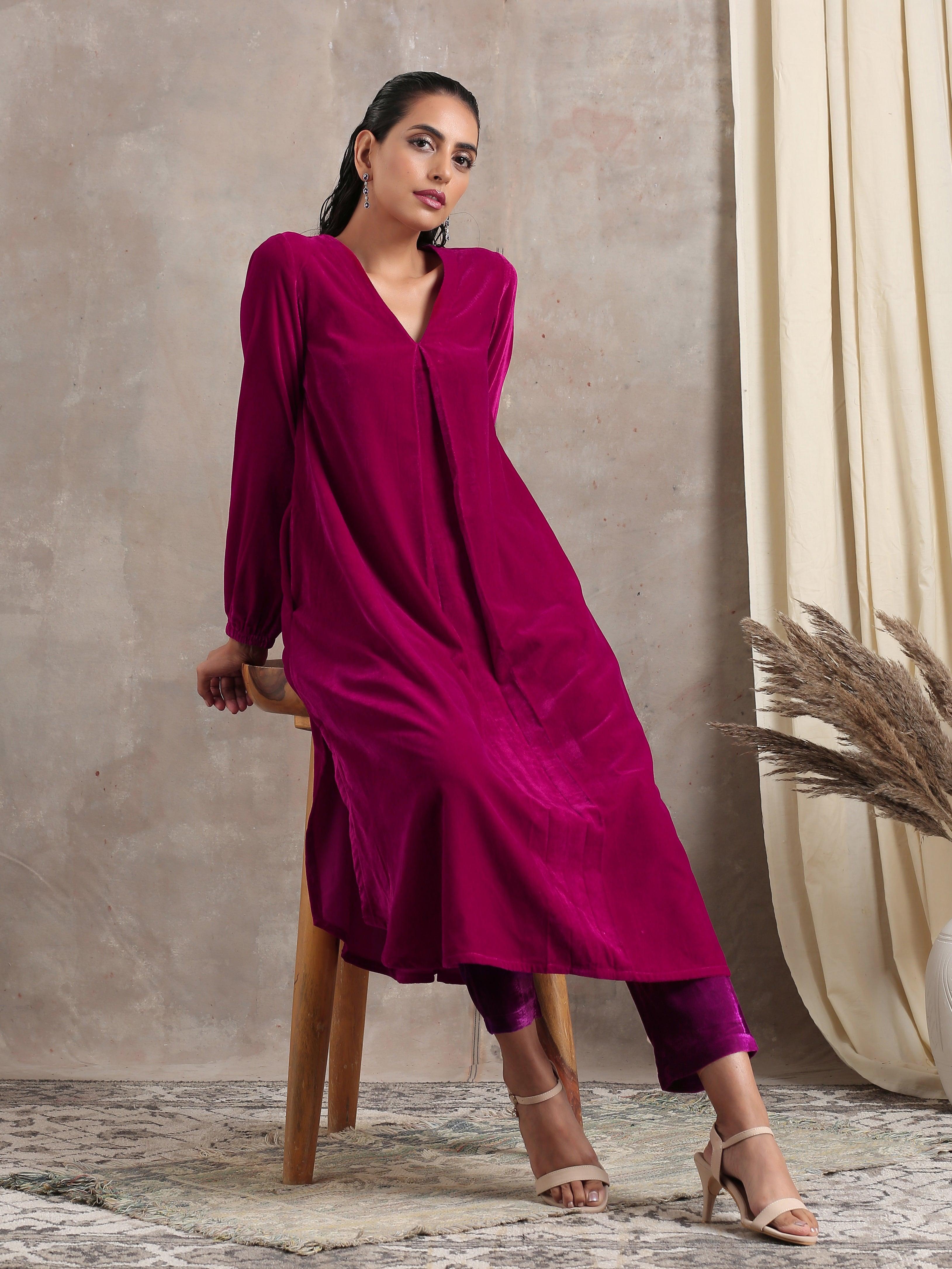 trueBrowns Pink Velvet Pleated Kurta - Distacart