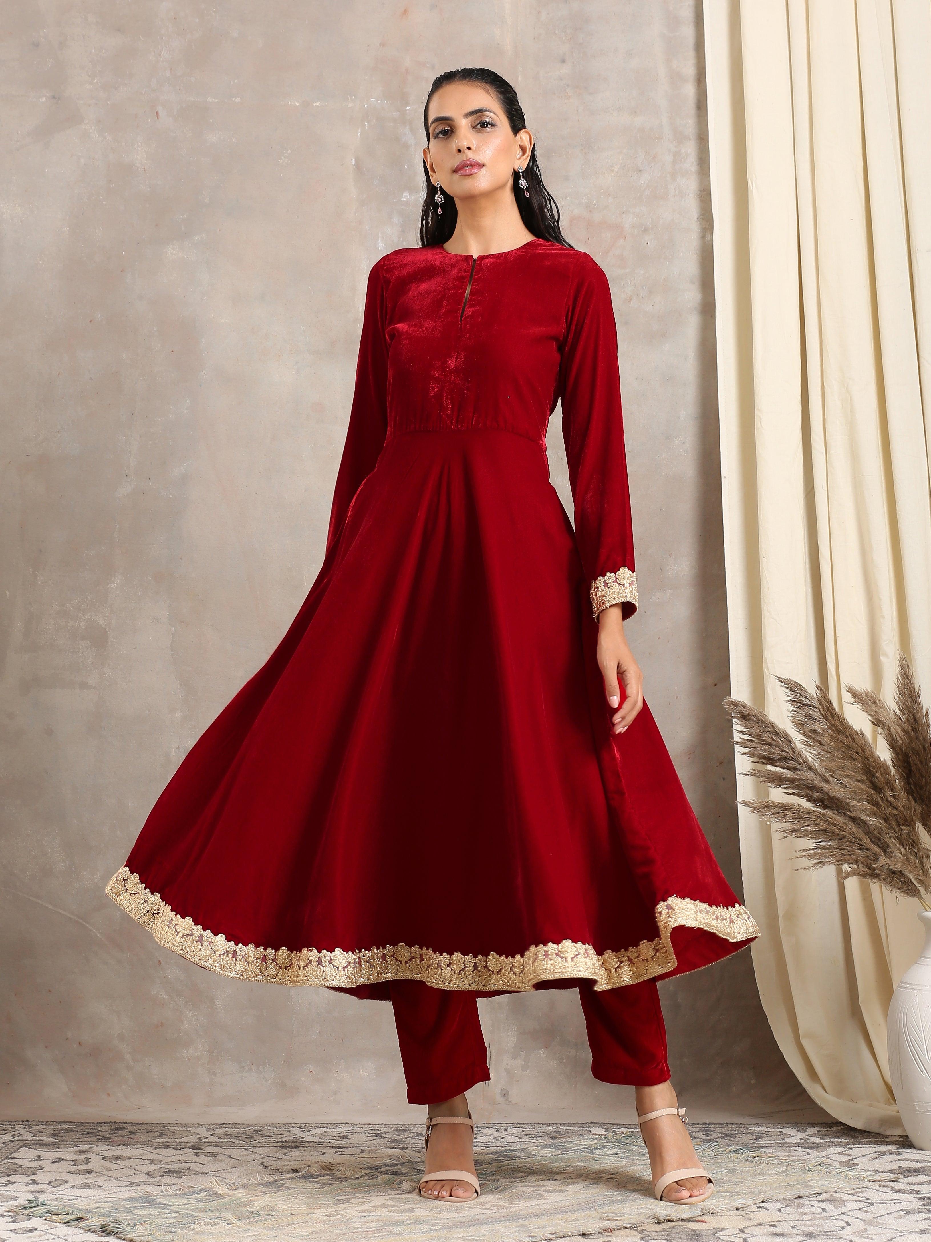 trueBrowns Red Velvet Flared Lace Kurta - Distacart