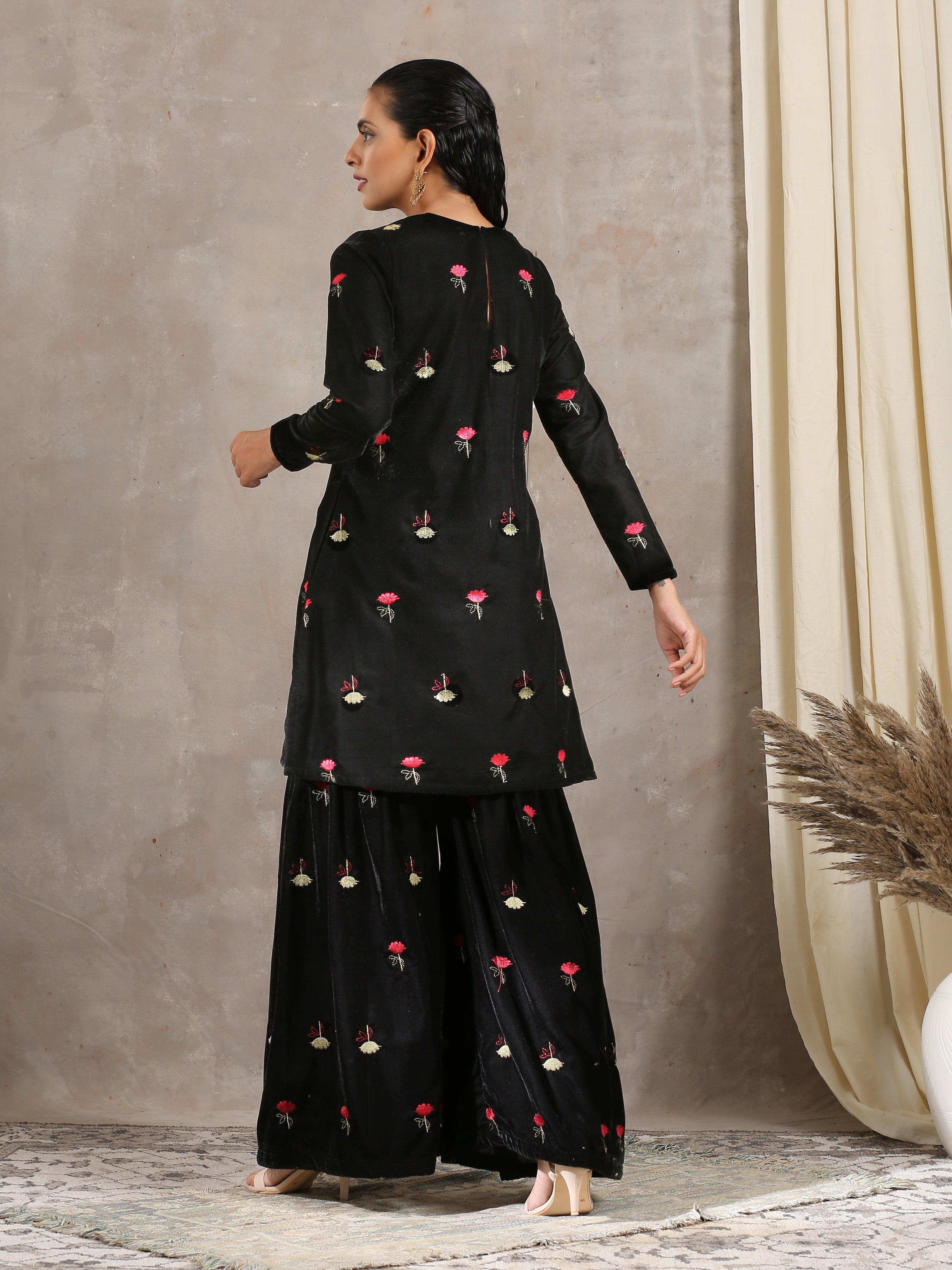 trueBrowns Black Velvet Embroidered Kurta Sharara Set - Distacart