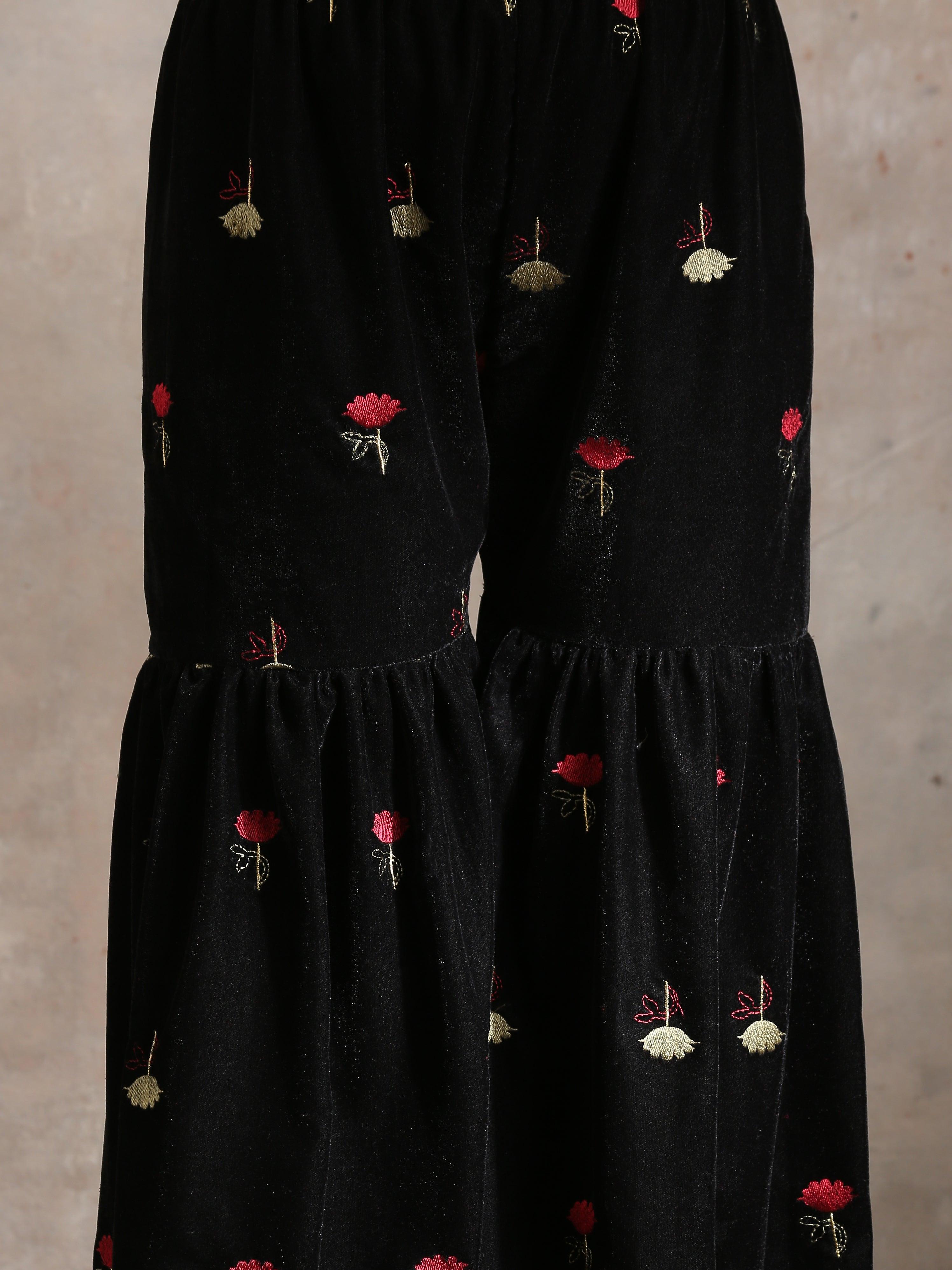 trueBrowns Black Velvet Embroidered Kurta Sharara Set - Distacart