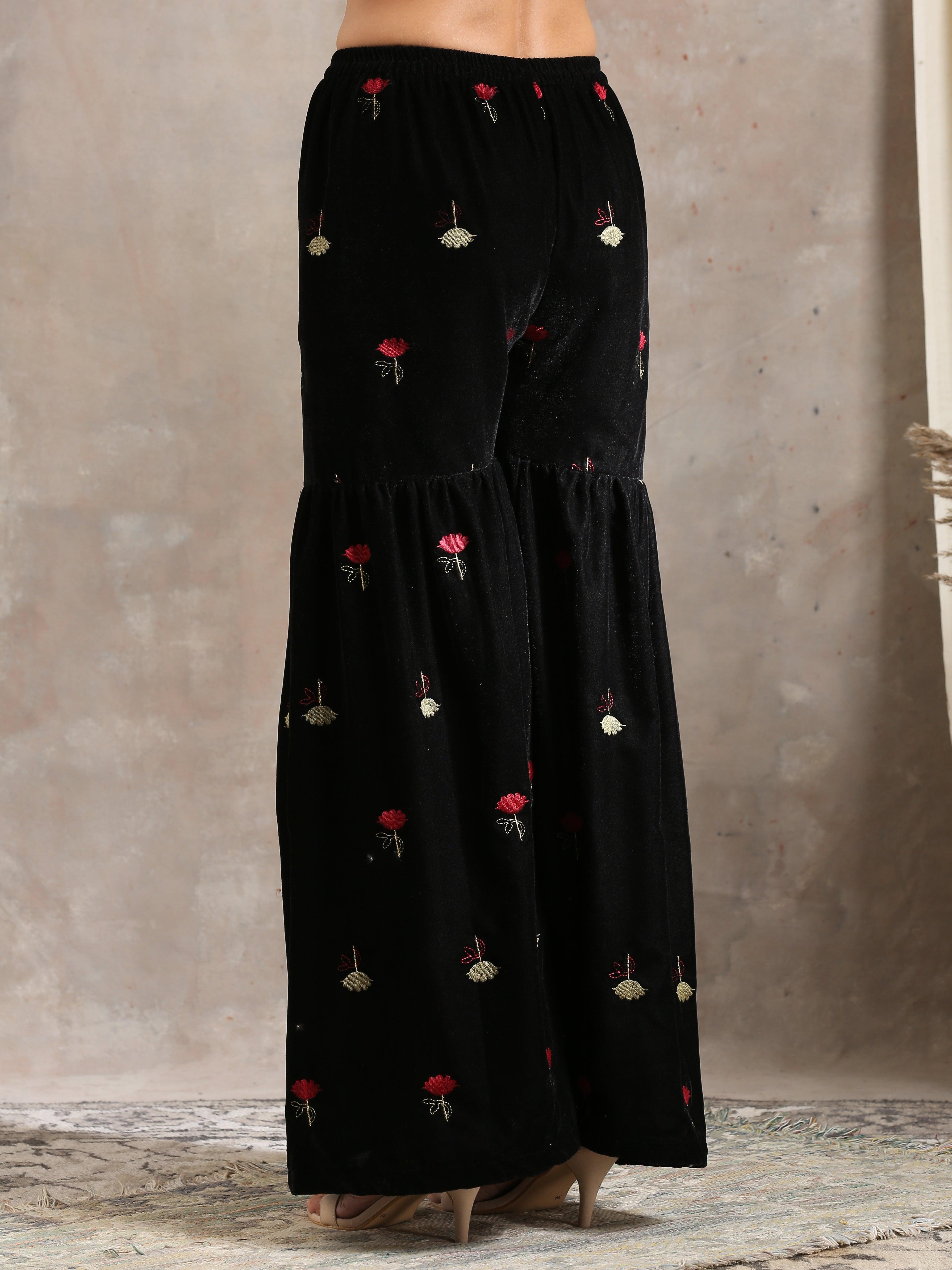 trueBrowns Black Velvet Embroidered Kurta Sharara Set - Distacart