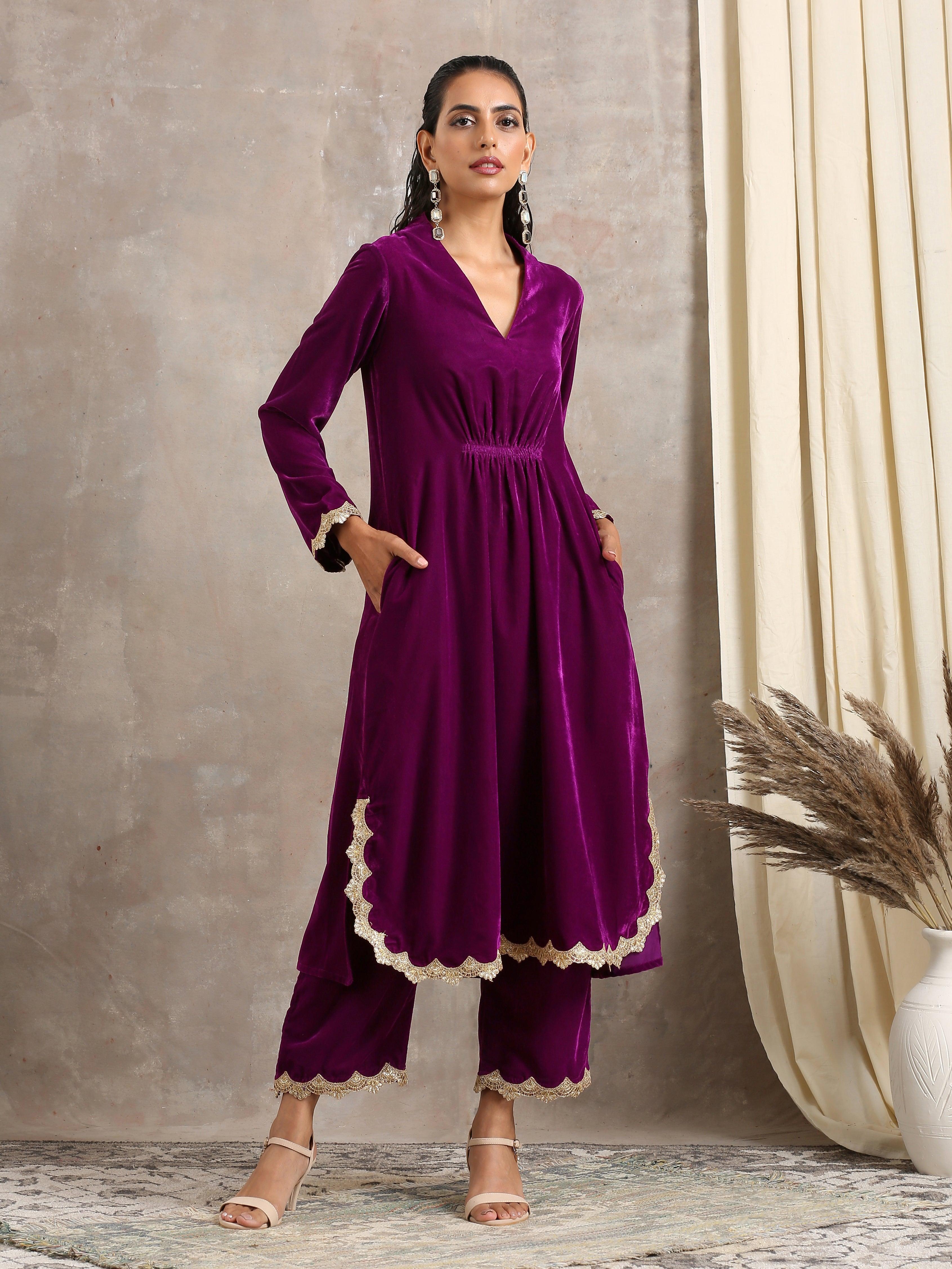 trueBrowns Wine Velvet Lace Kurta Pant Set - Distacart