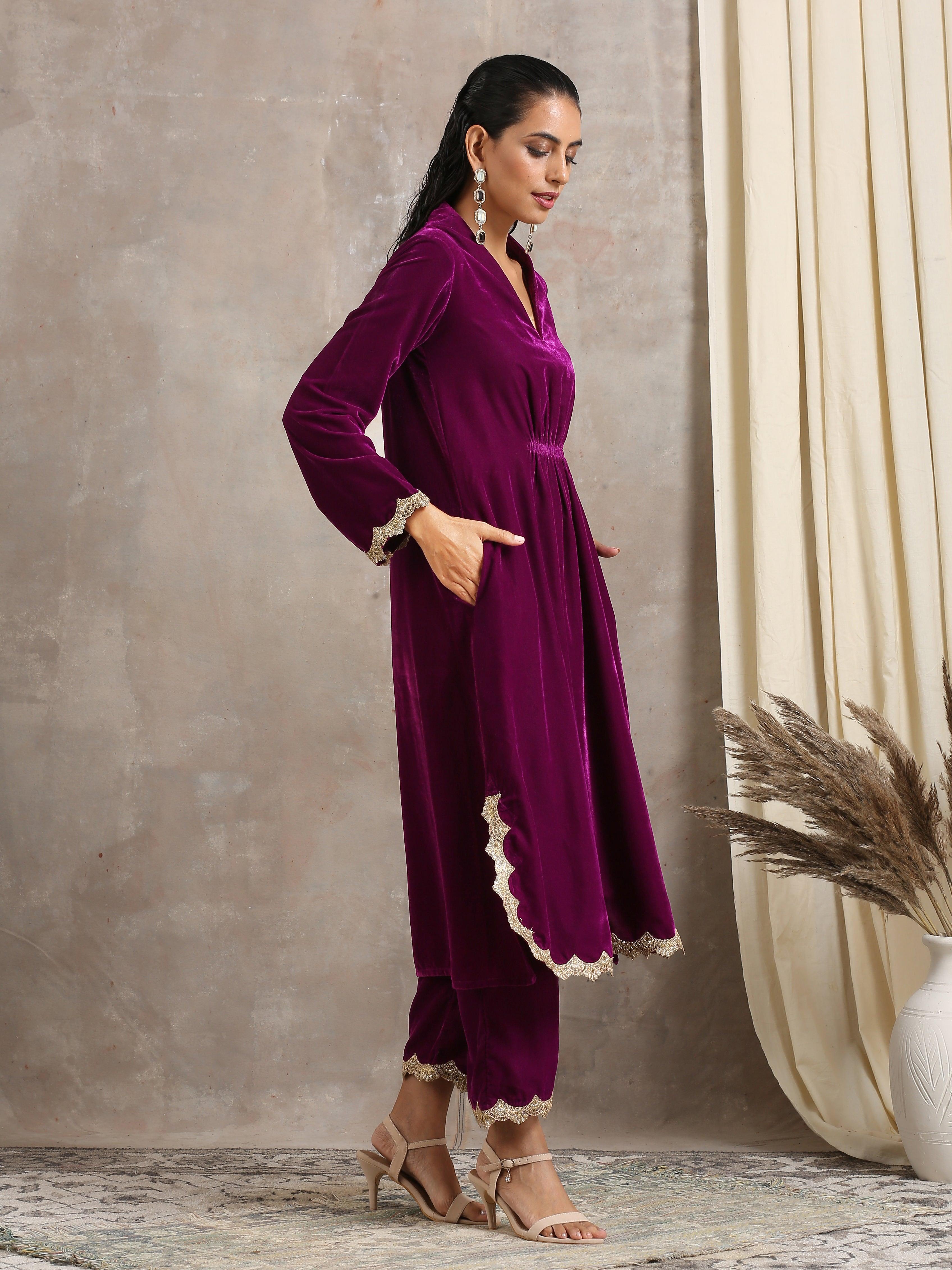 trueBrowns Wine Velvet Lace Kurta Pant Set | Relove