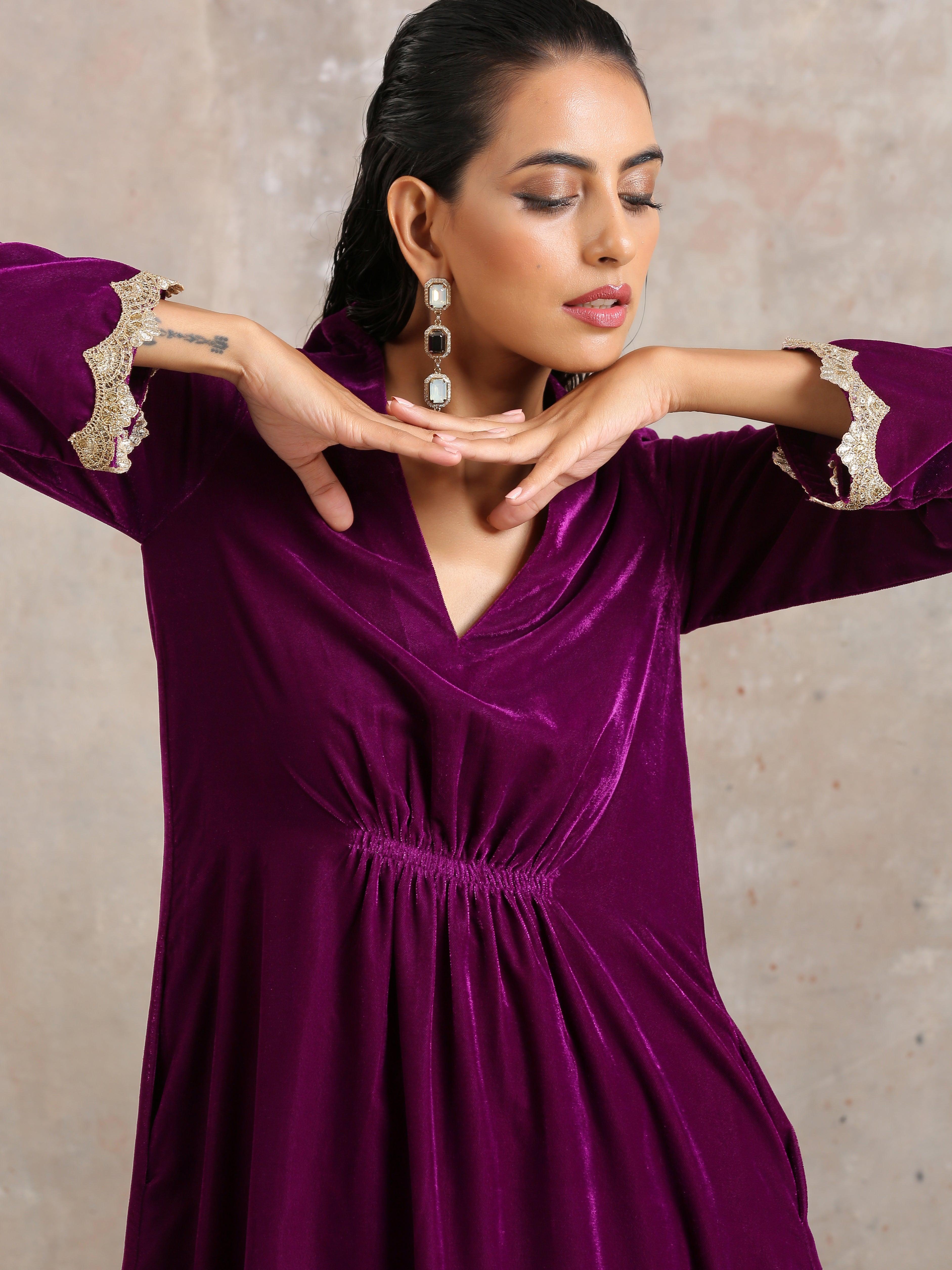 trueBrowns Wine Velvet Lace Kurta Pant Set | Relove